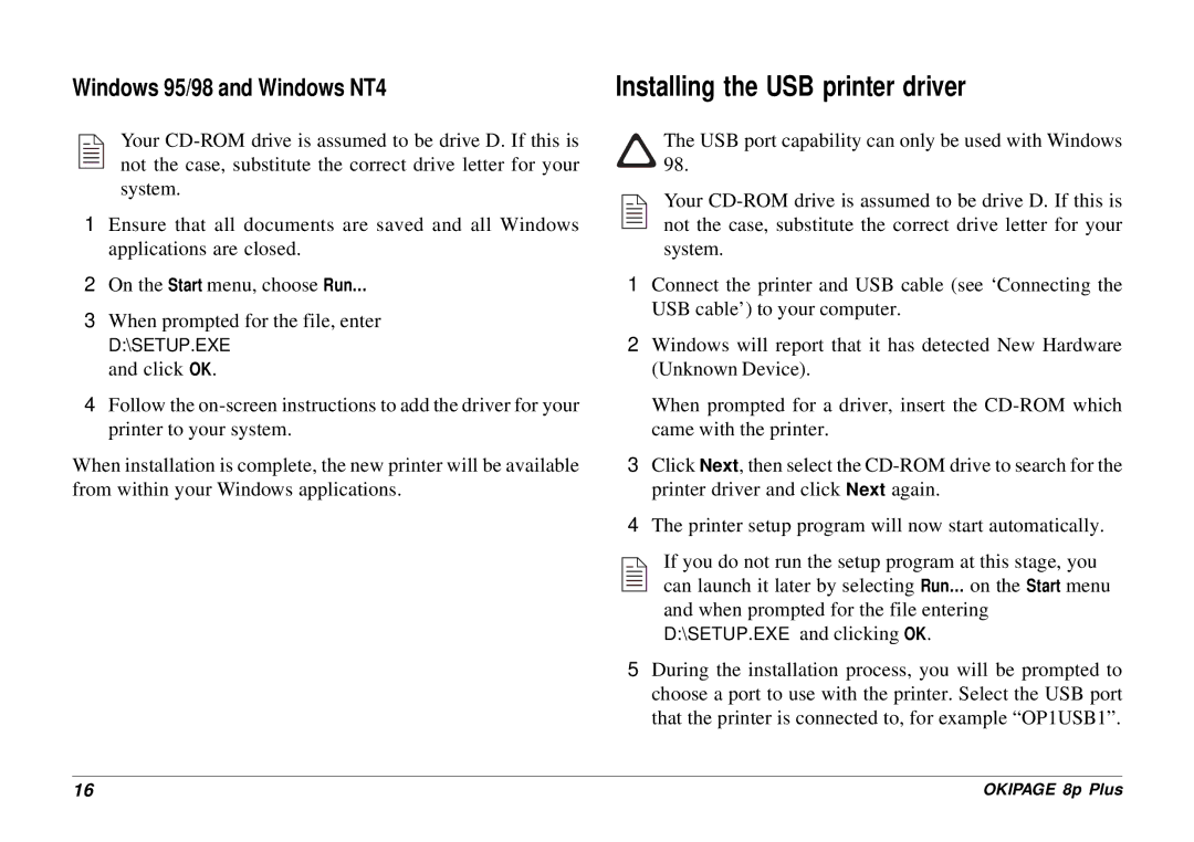 Oki 8p Plus setup guide Installing the USB printer driver, Windows 95/98 and Windows NT4 