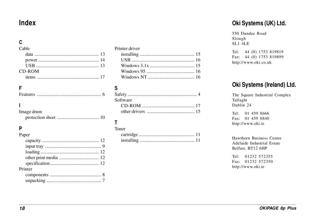 Oki 8p Plus setup guide Index, Loading Other print media Specification Printer 