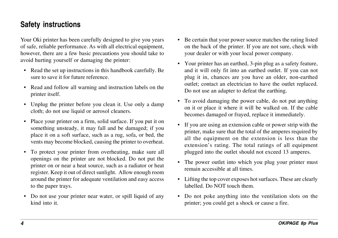 Oki 8p Plus setup guide Safety instructions 