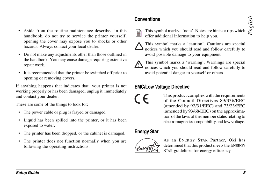 Oki 8p Plus setup guide Conventions, EMC/Low Voltage Directive, Energy Star 