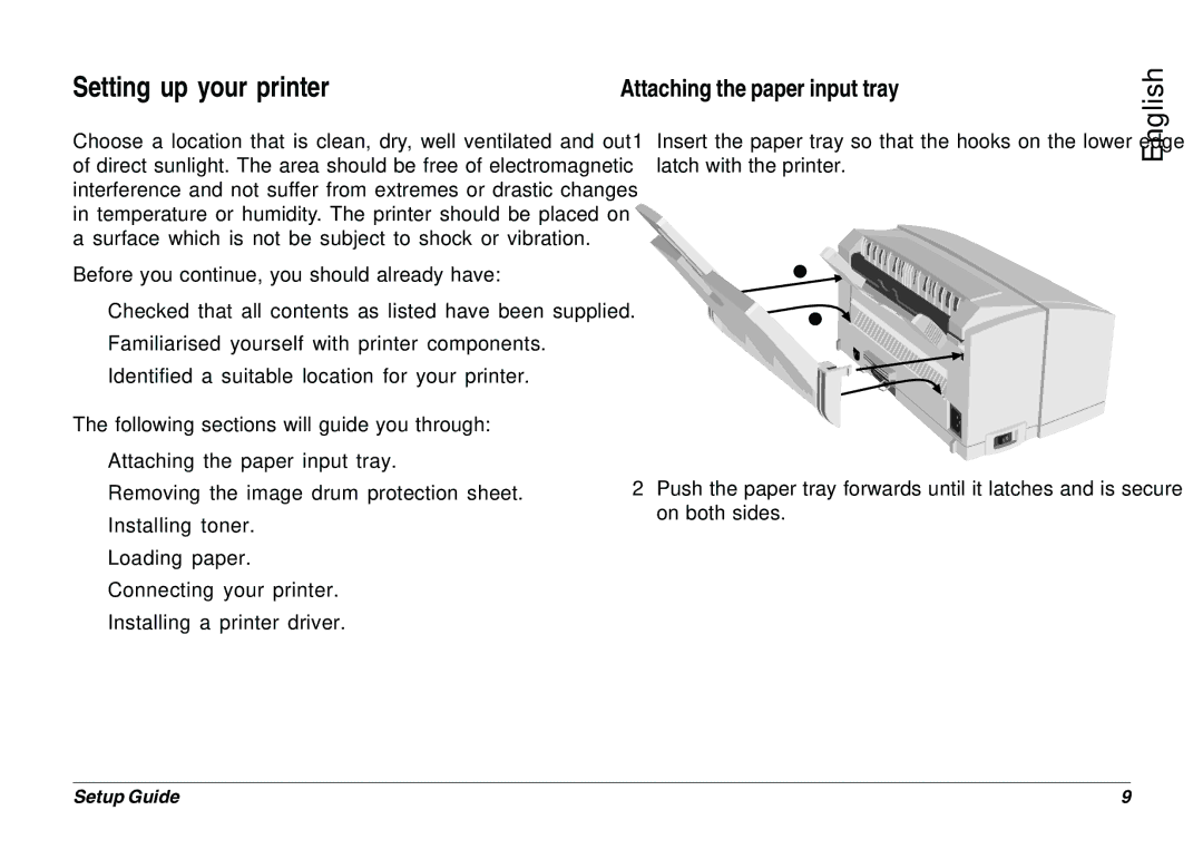 Oki 8p Plus setup guide Setting up your printer, Attaching the paper input tray 