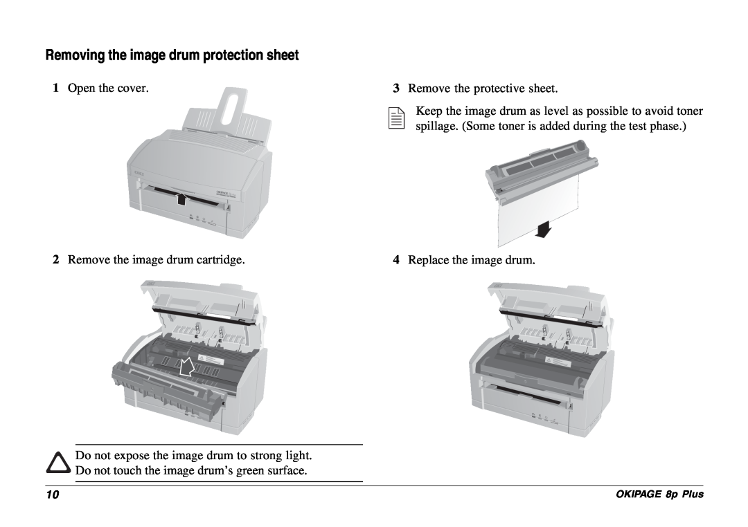 Oki Removing the image drum protection sheet, Open the cover 2 Remove the image drum cartridge, OKIPAGE 8p Plus 