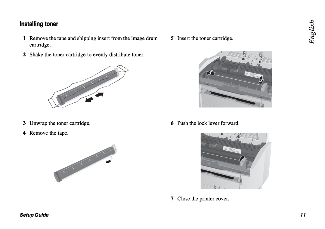 Oki 8p Plus Installing toner, English, Remove the tape and shipping insert from the image drum cartridge, Setup Guide 