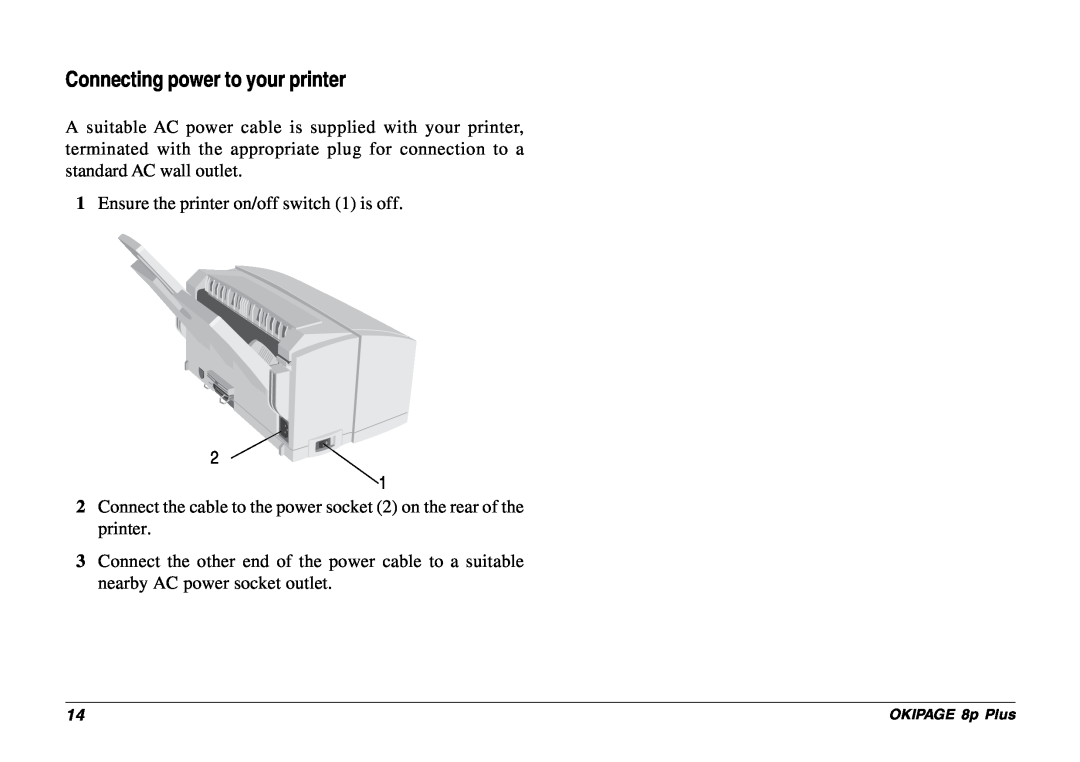 Oki setup guide Connecting power to your printer, Ensure the printer on/off switch 1 is off, OKIPAGE 8p Plus 