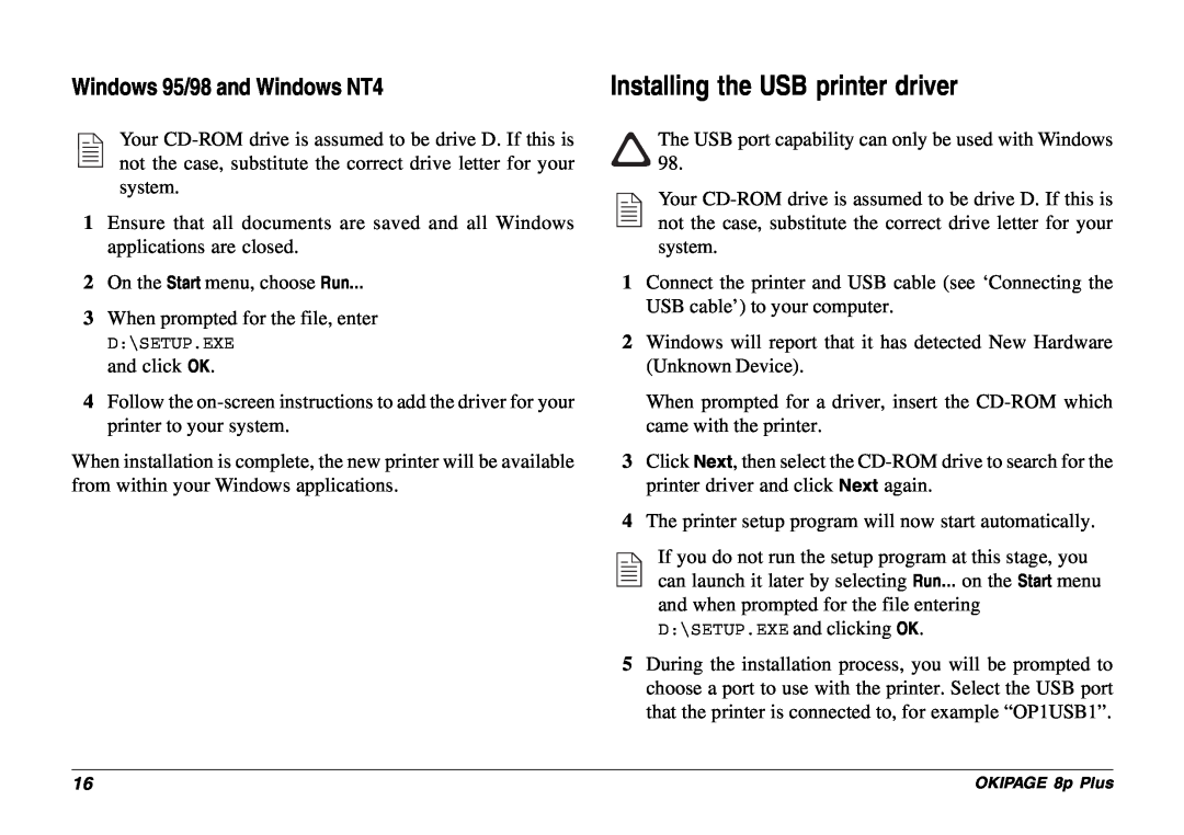 Oki 8p Plus setup guide Installing the USB printer driver, Windows 95/98 and Windows NT4 