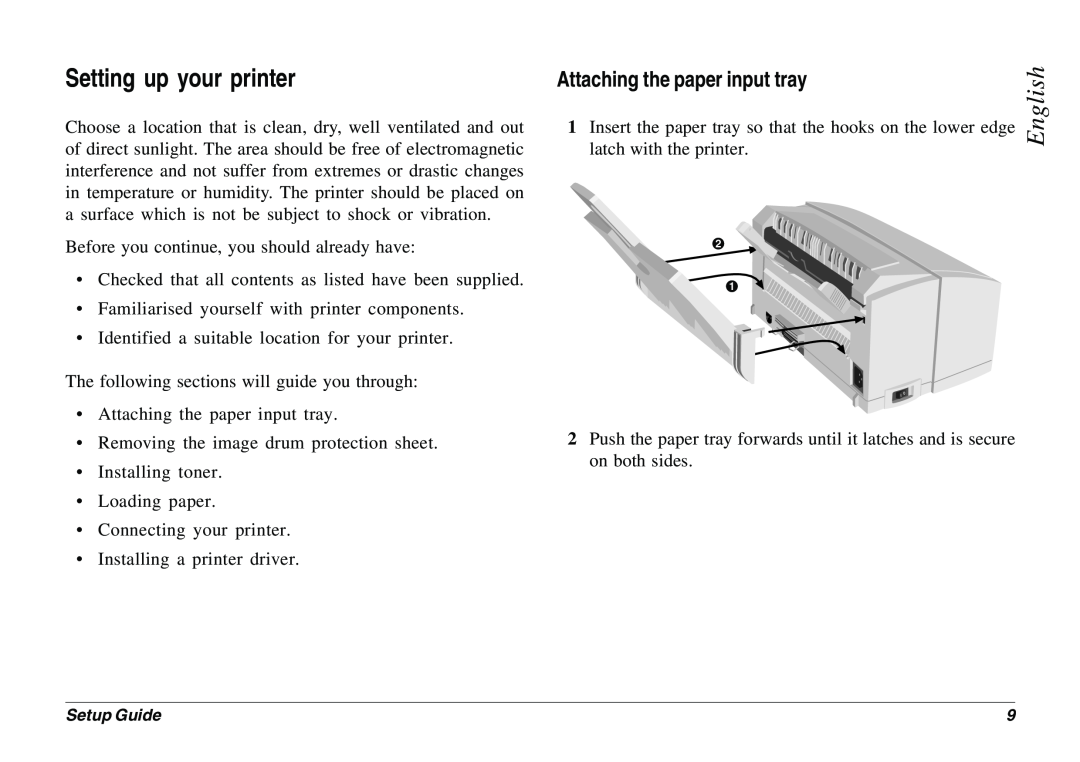 Oki 8p Plus setup guide Setting up your printer, Attaching the paper input tray, English 
