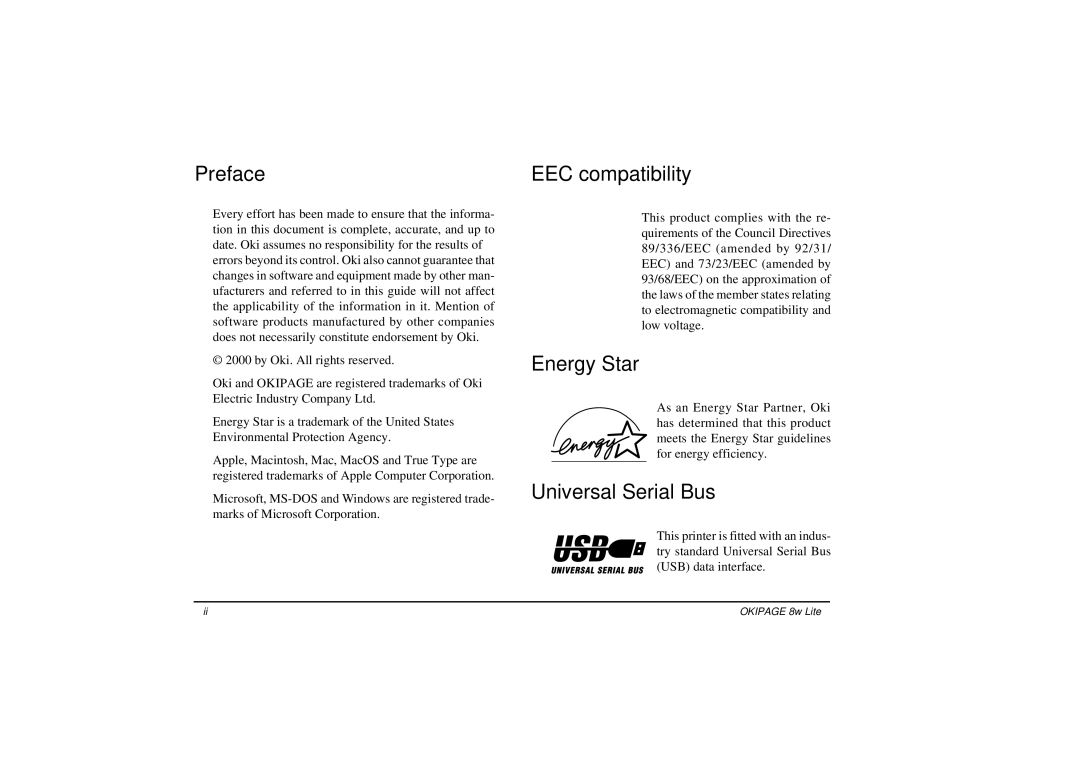 Oki 8w Lite setup guide Preface EEC compatibility, Energy Star, Universal Serial Bus 