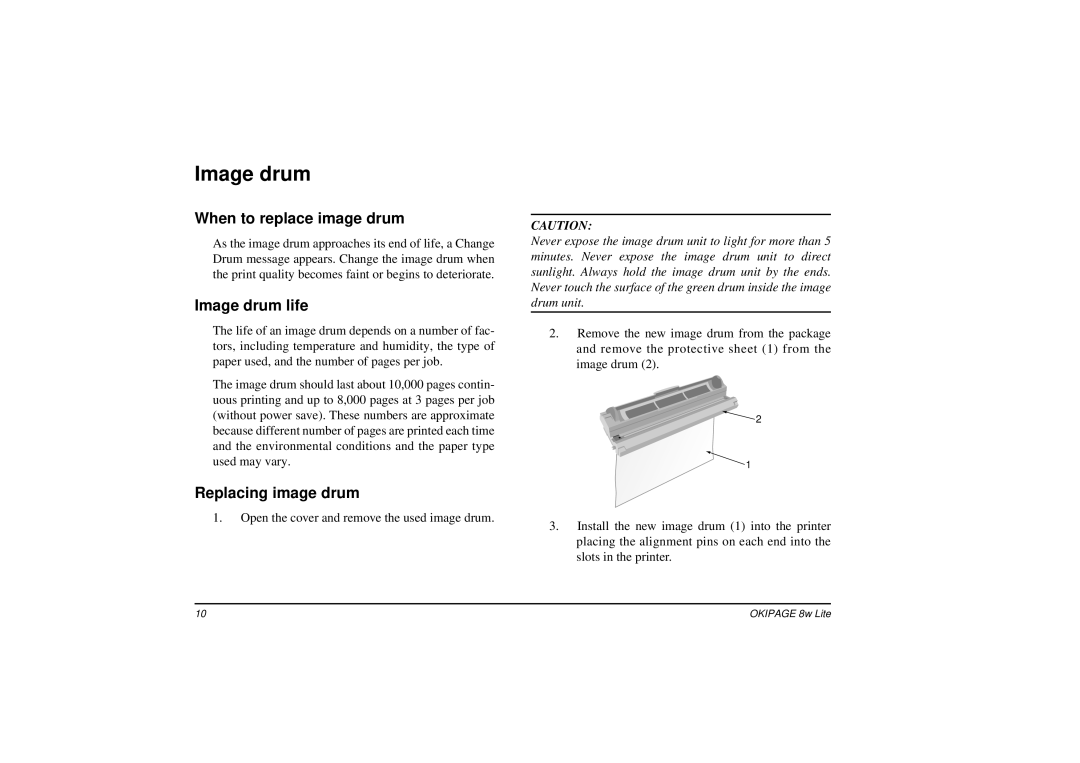 Oki 8w manual When to replace image drum, Image drum life, Replacing image drum 