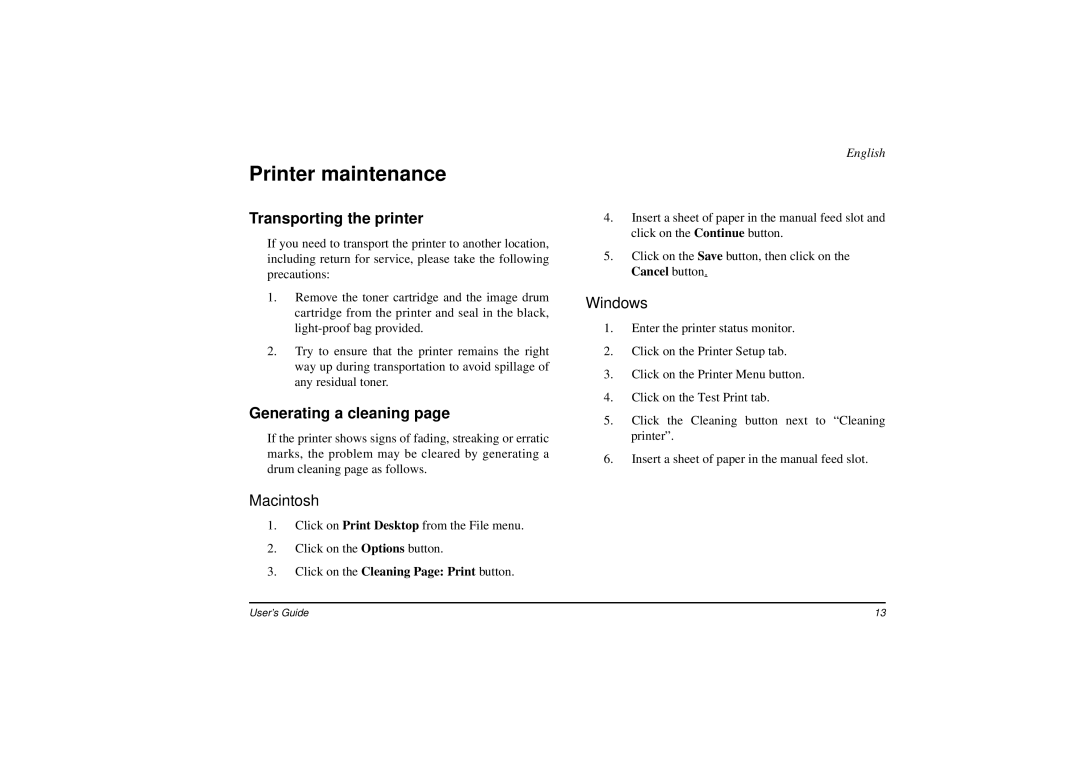 Oki 8w manual Printer maintenance, Transporting the printer, Generating a cleaning 