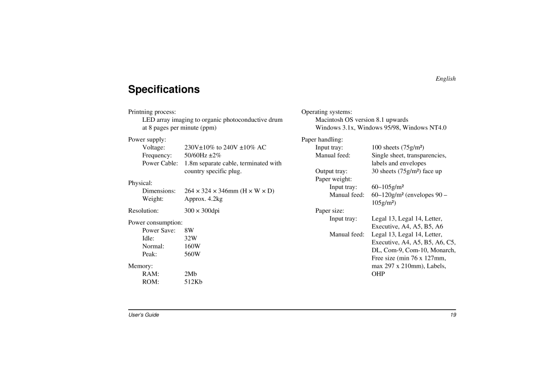 Oki 8w manual Specifications, Ohp 