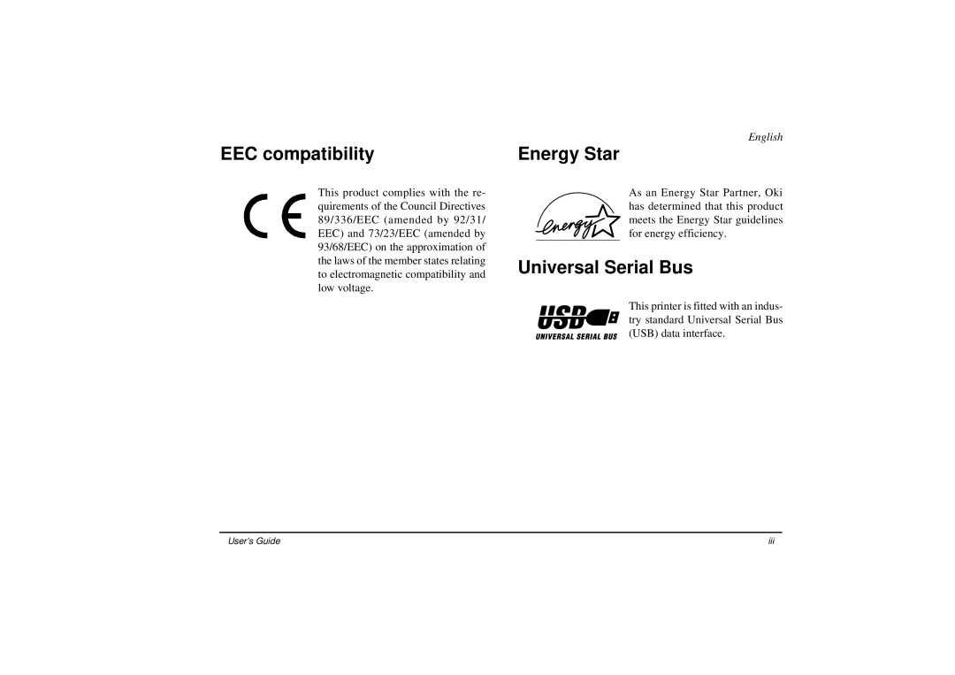 Oki 8w manual EEC compatibility, Energy Star, Universal Serial Bus 