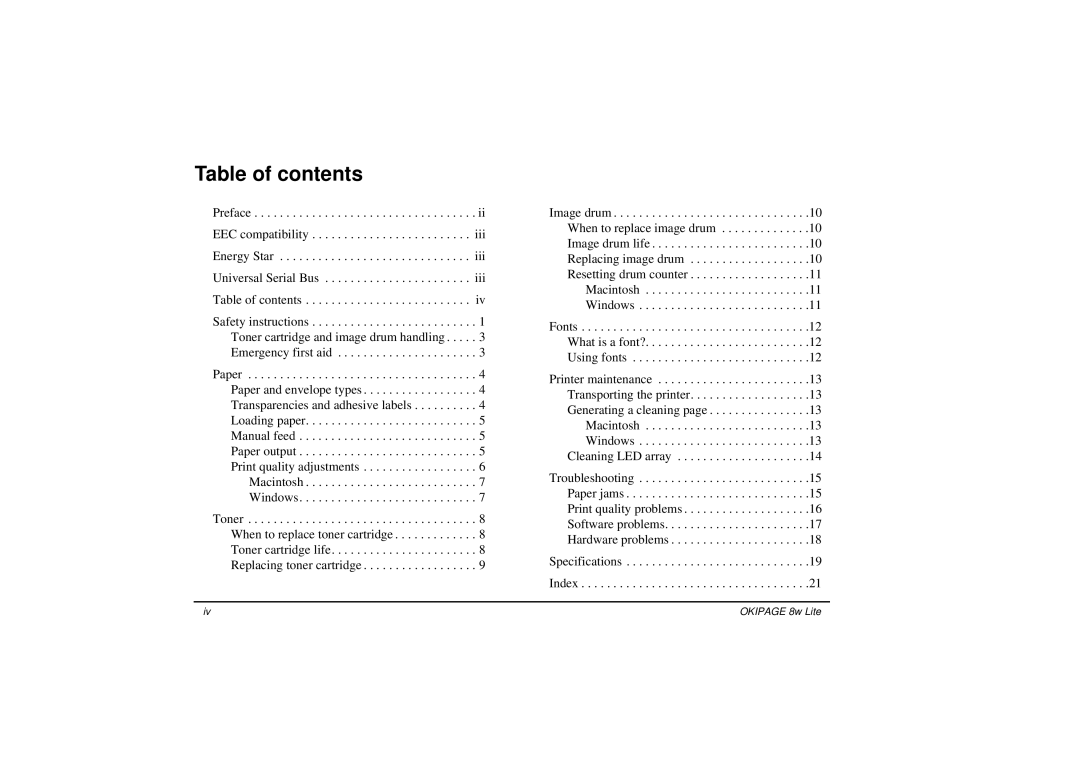 Oki 8w manual Table of contents 