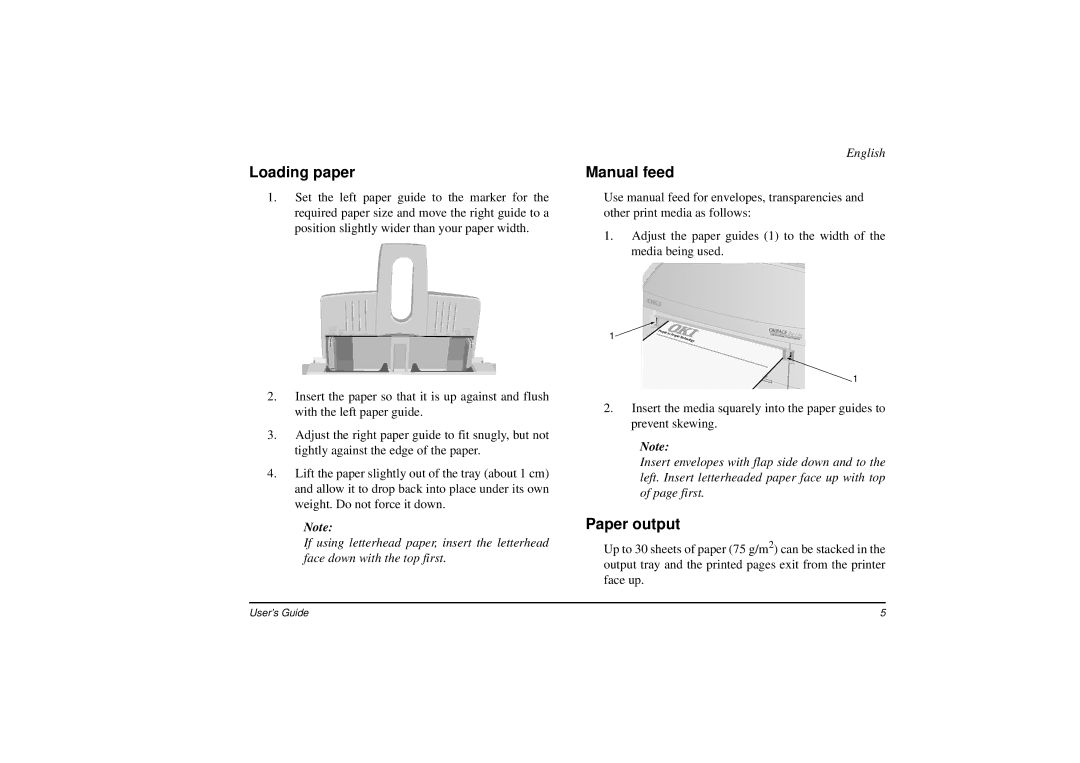 Oki 8w manual Loading paper, Manual feed, Paper output 