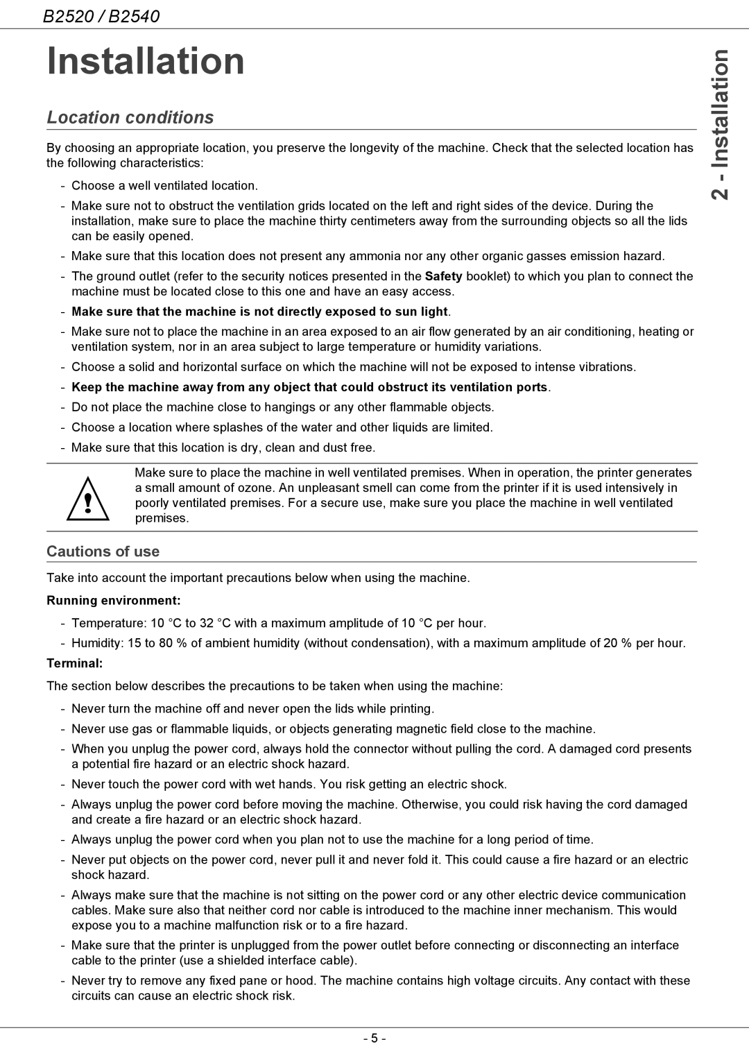 Oki B2500 Series manual Installation, Location conditions, Cautions of use, Running environment, Terminal, B2520 / B2540 