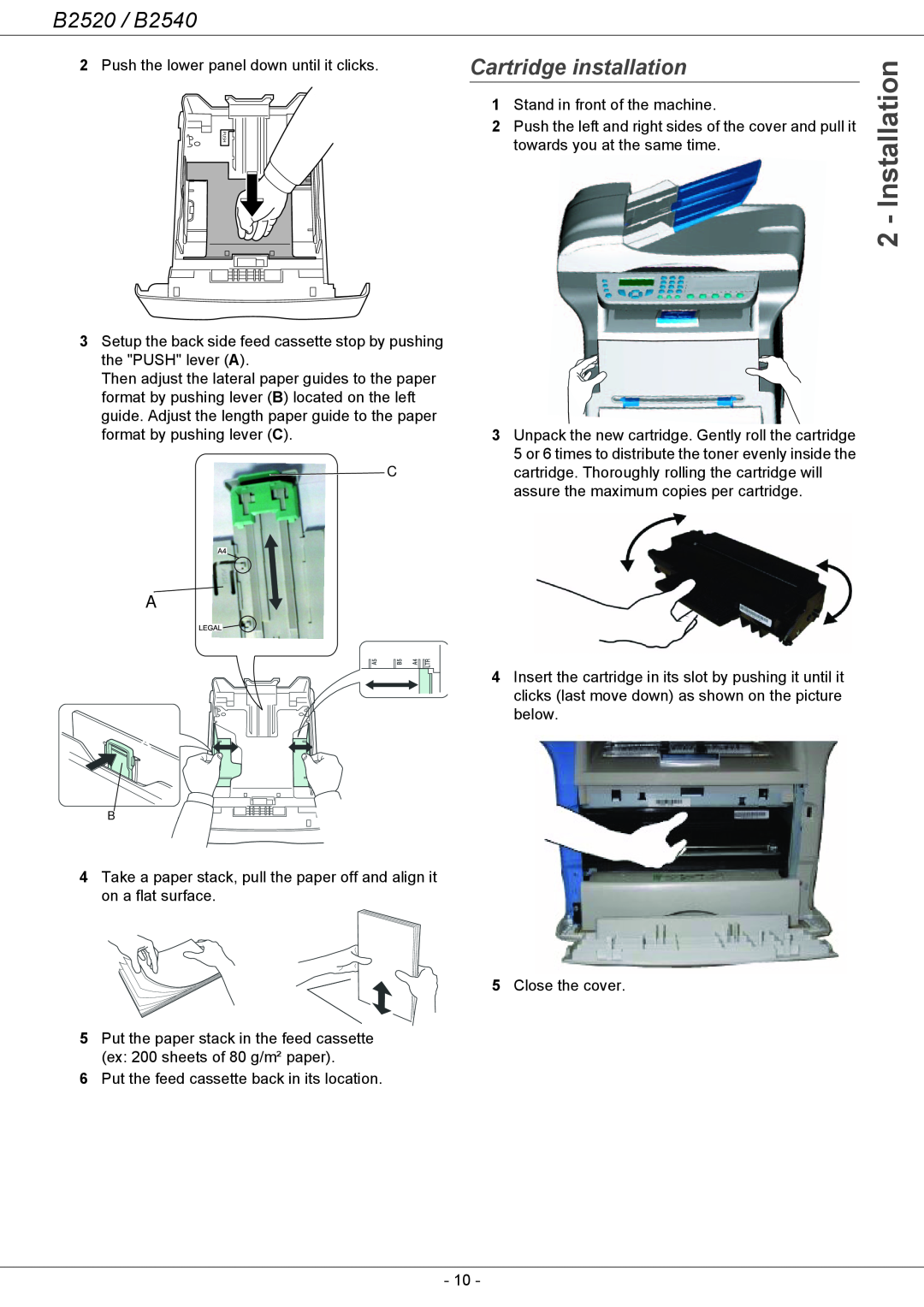 Oki B2500 Series manual Cartridge installation, Installation, B2520 / B2540 