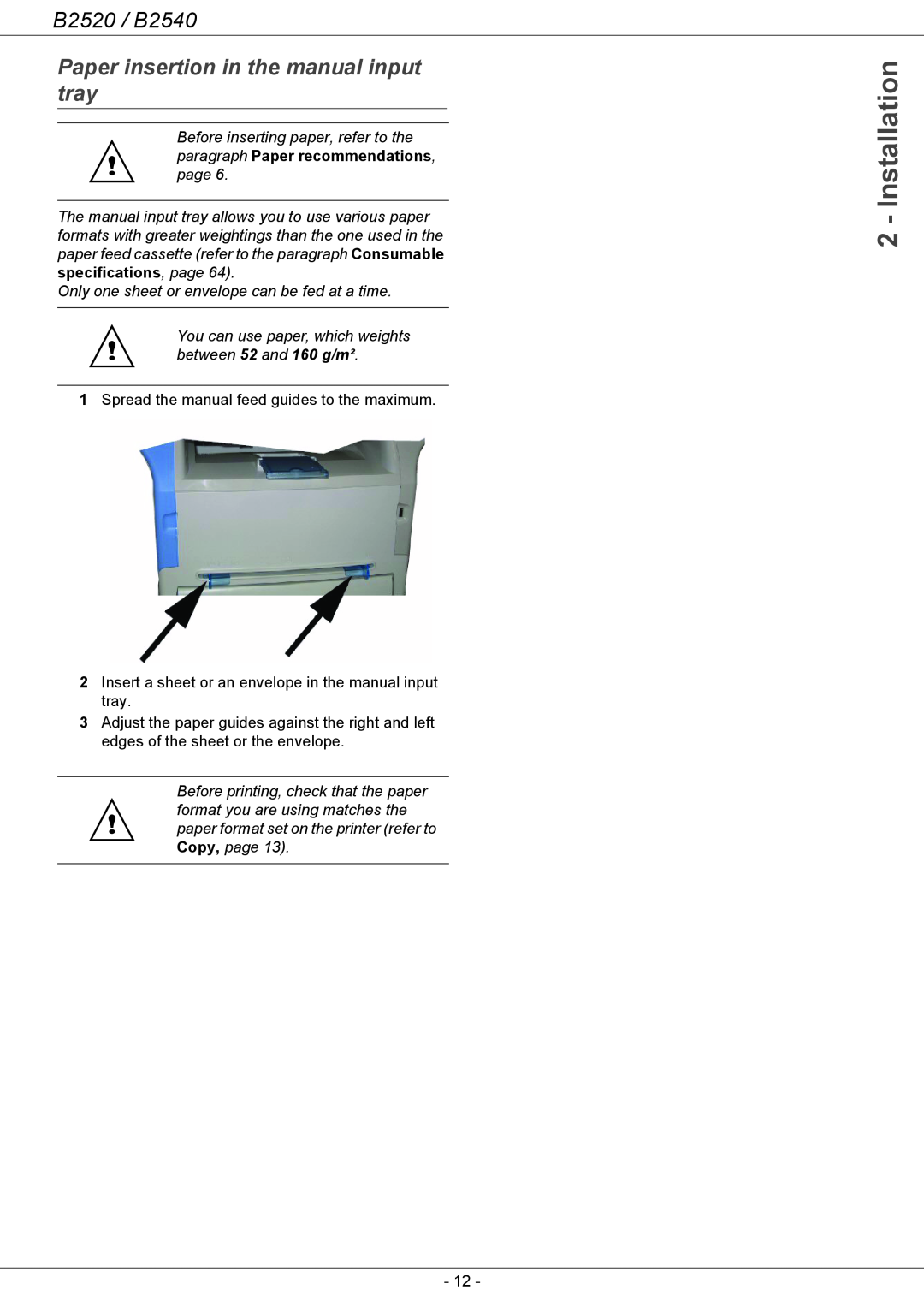 Oki B2500 Series Paper insertion in the manual input tray, Installation, B2520 / B2540 