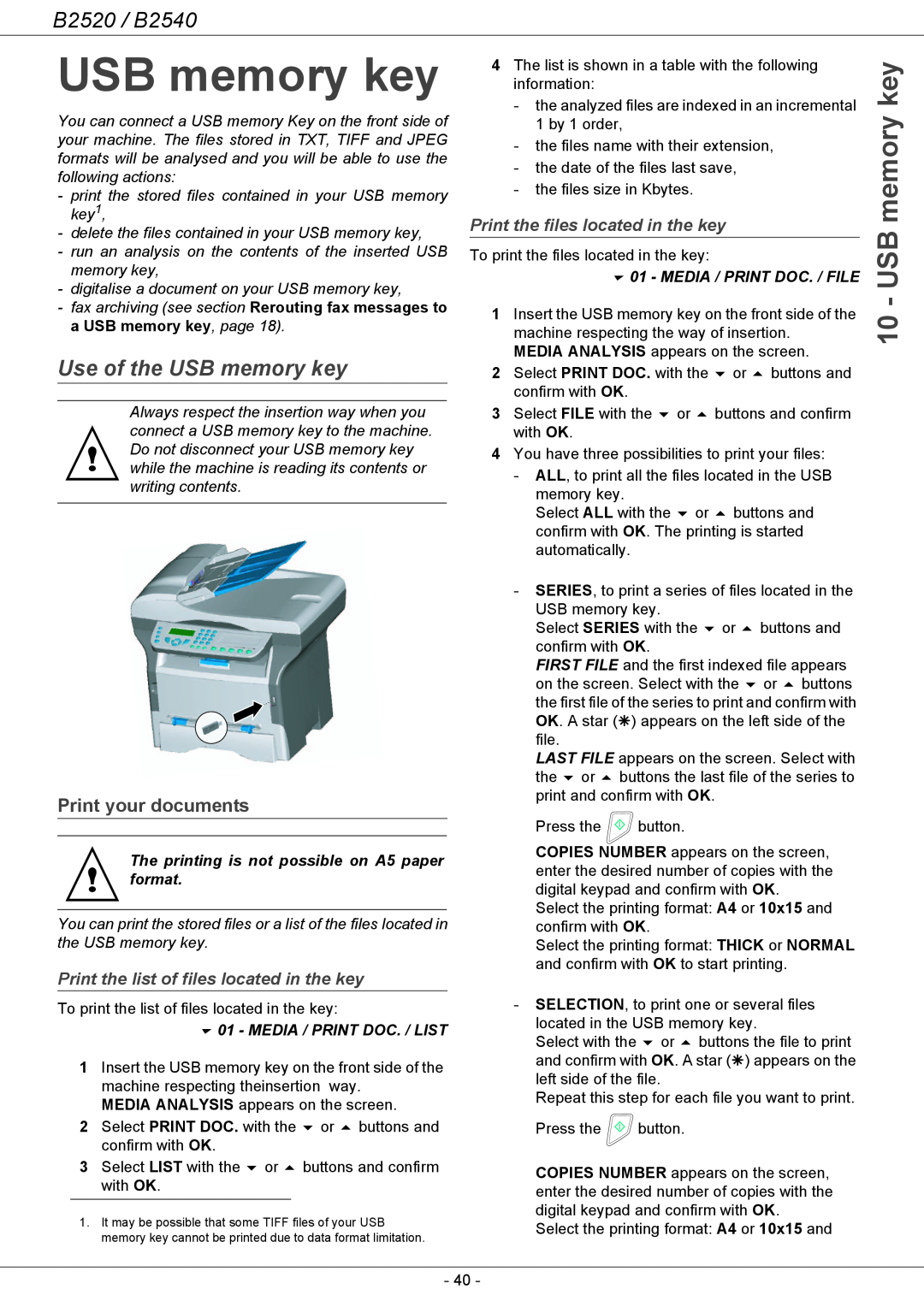 Oki B2500 Series manual Use of the USB memory key, Print your documents, Print the list of files located in the key 