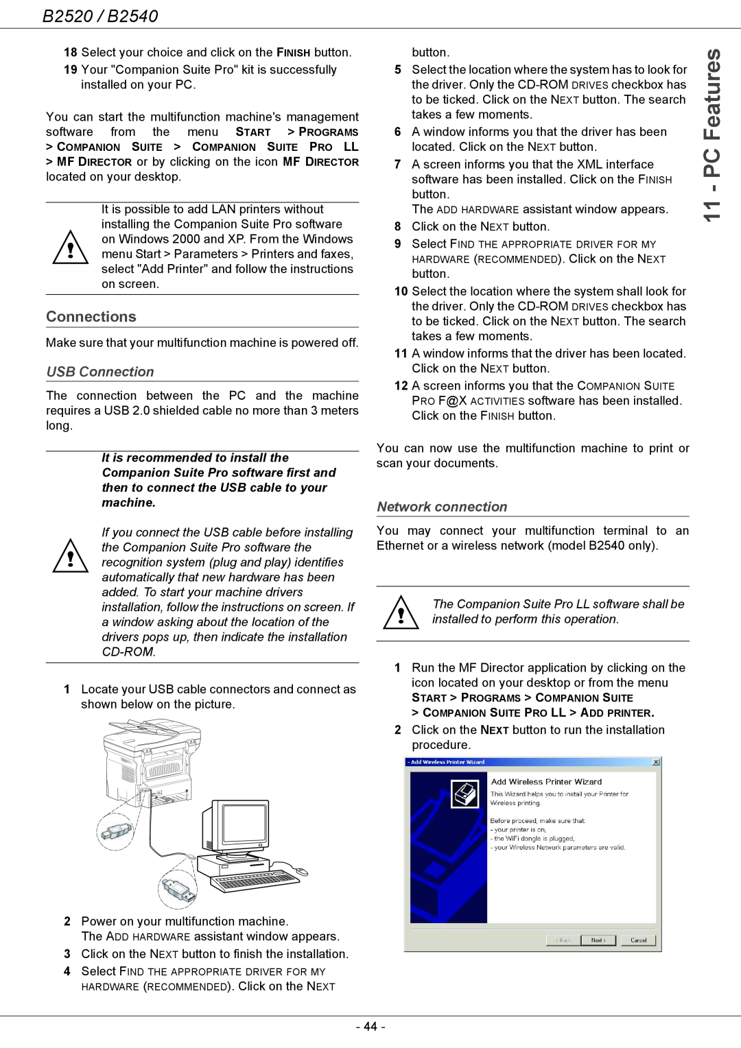 Oki B2500 Series manual Features, Connections, USB Connection, Network connection, B2520 / B2540 