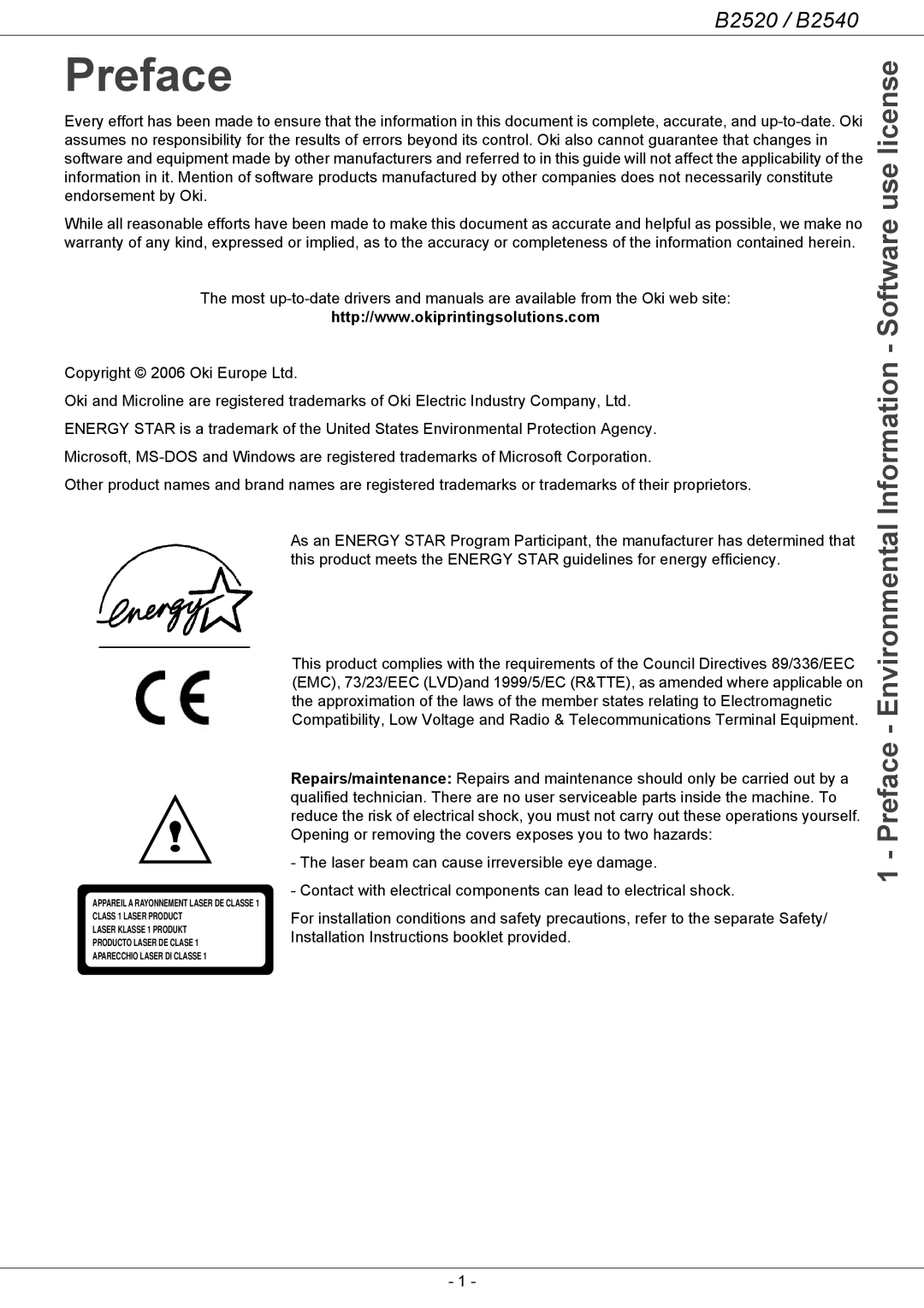 Oki B2500 Series manual Information - Software use license, Preface - Environmental, B2520 / B2540 