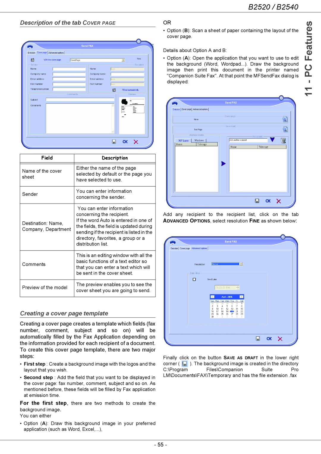 Oki B2500 Series Description of the tab COVER PAGE, Creating a cover page template, PC Features, B2520 / B2540, Field 