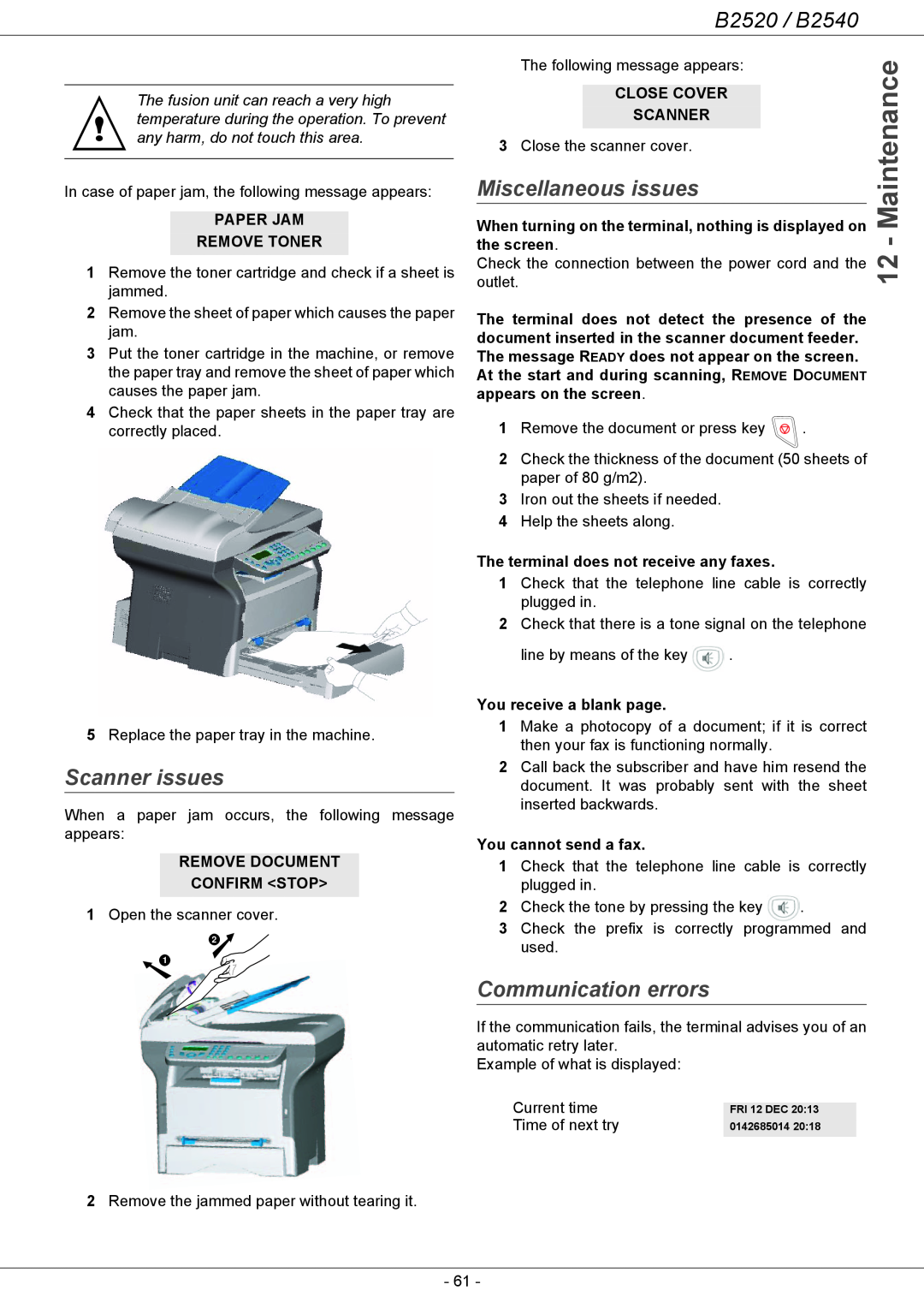 Oki B2500 Series Scanner issues, Miscellaneous issues, Communication errors, Paper Jam Remove Toner, the screen, outlet 
