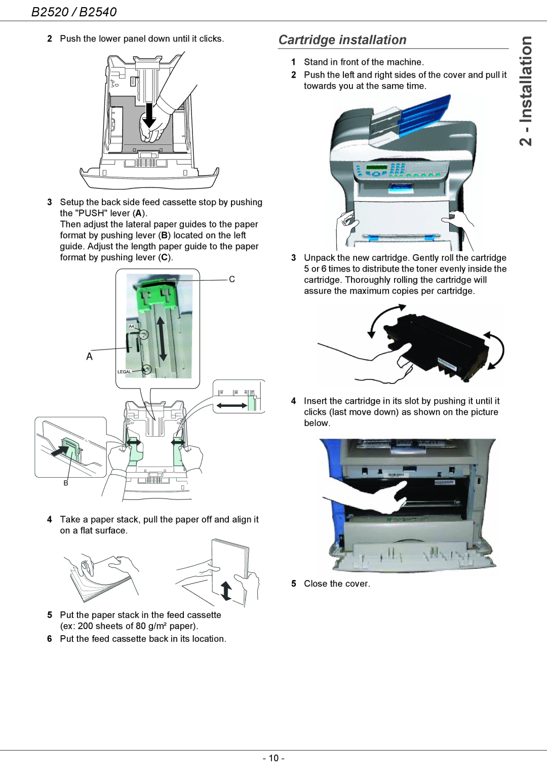 Oki B2500 Series manual Cartridge installation, Push the lower panel down until it clicks 