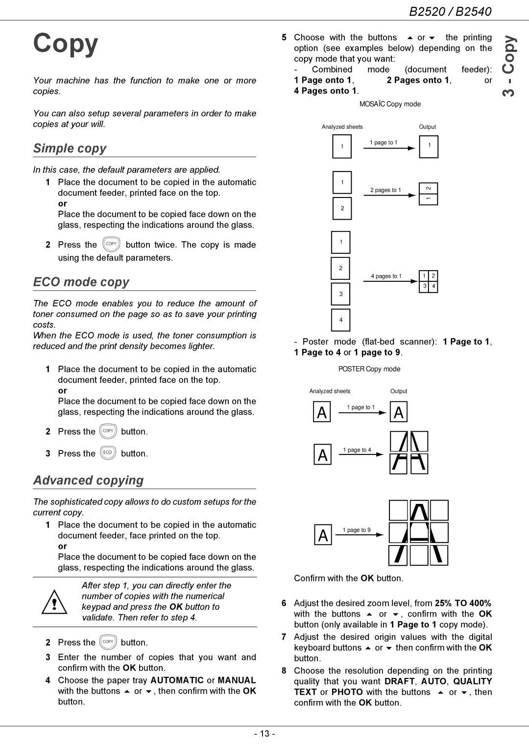 Oki B2500 Series manual Copy, Simple copy, ECO mode copy, Advanced copying 