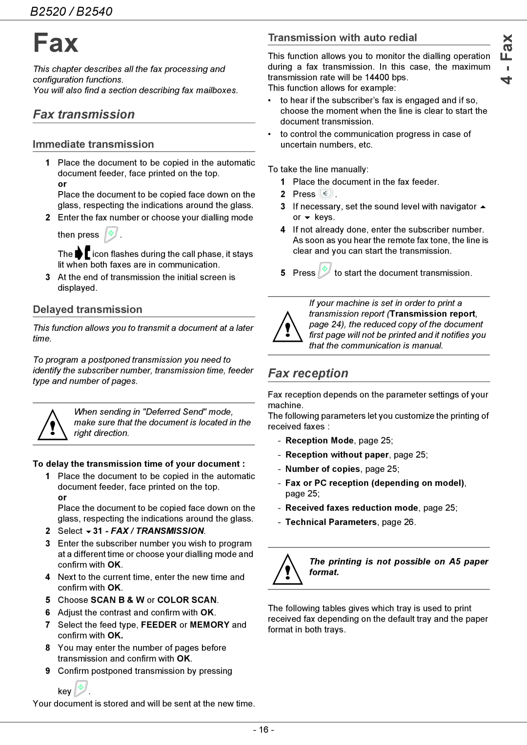 Oki B2500 Series manual Fax transmission, Fax reception 