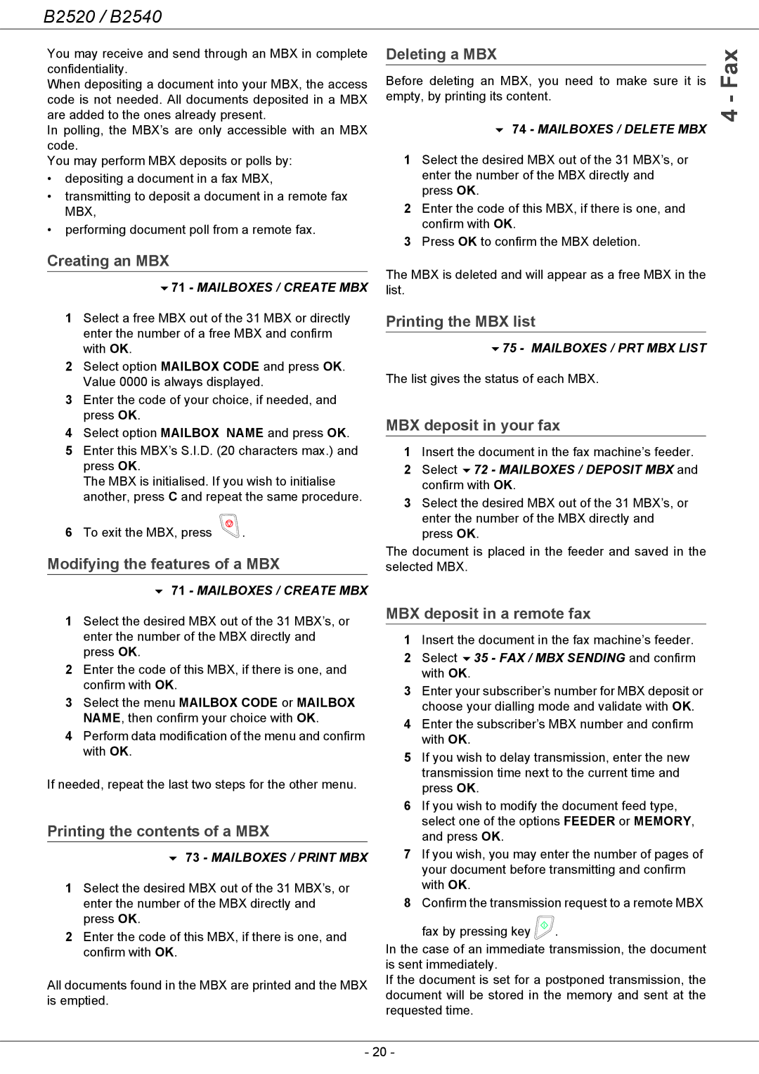 Oki B2500 Series manual Creating an MBX, Modifying the features of a MBX, Printing the contents of a MBX, Deleting a MBX 