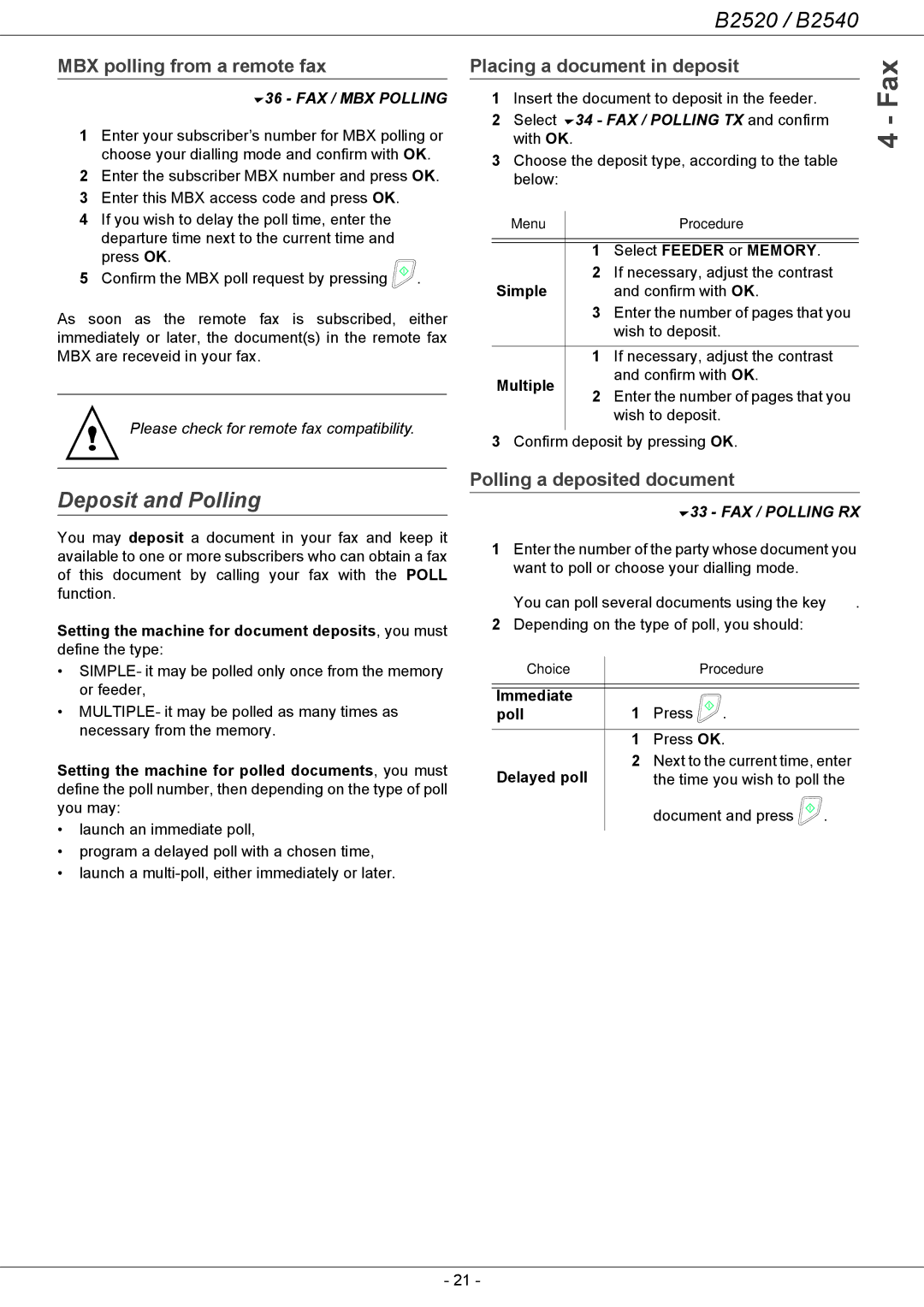 Oki B2500 Series manual Deposit and Polling, MBX polling from a remote fax, Placing a document in deposit 