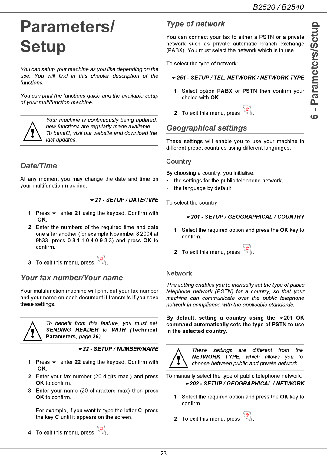 Oki B2500 Series manual Parameters Setup, Parameters/Setup 