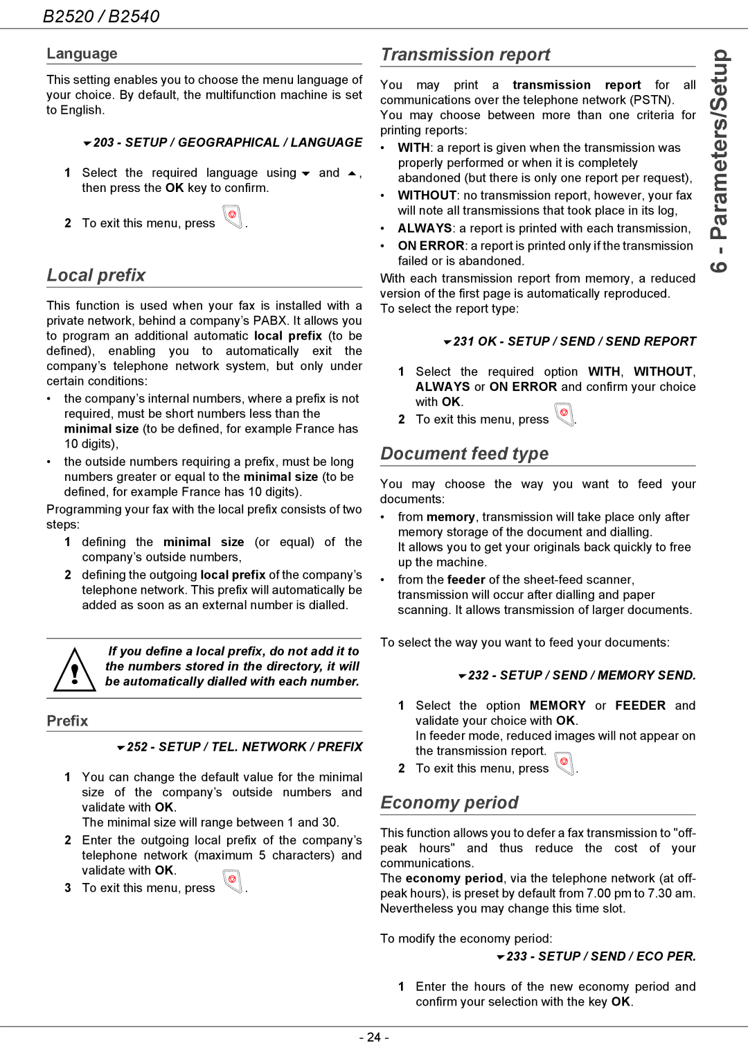 Oki B2500 Series manual Local prefix, Transmission report, Document feed type, Economy period 