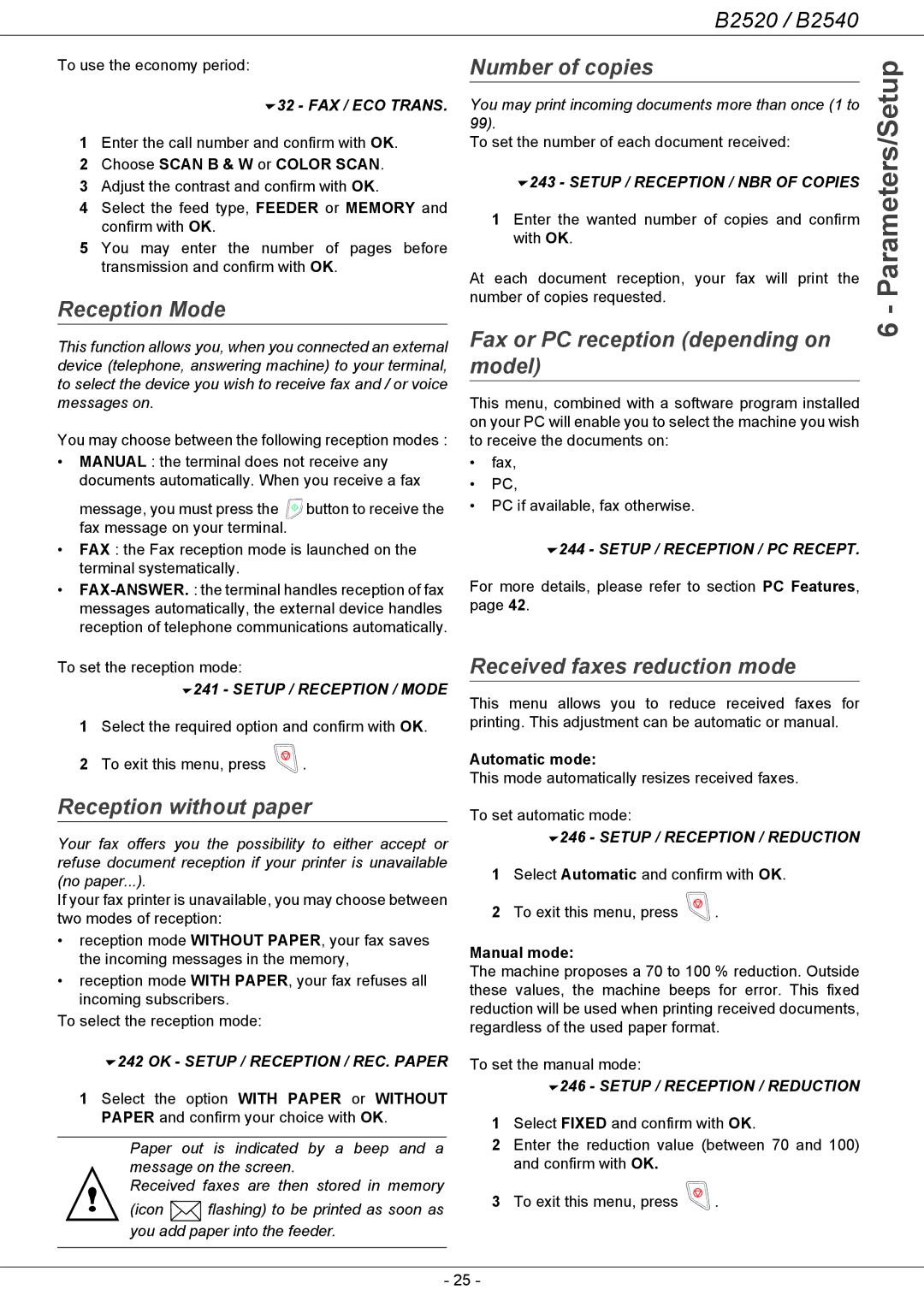 Oki B2500 Series manual Reception Mode, Reception without paper, Number of copies, Fax or PC reception depending on, Model 