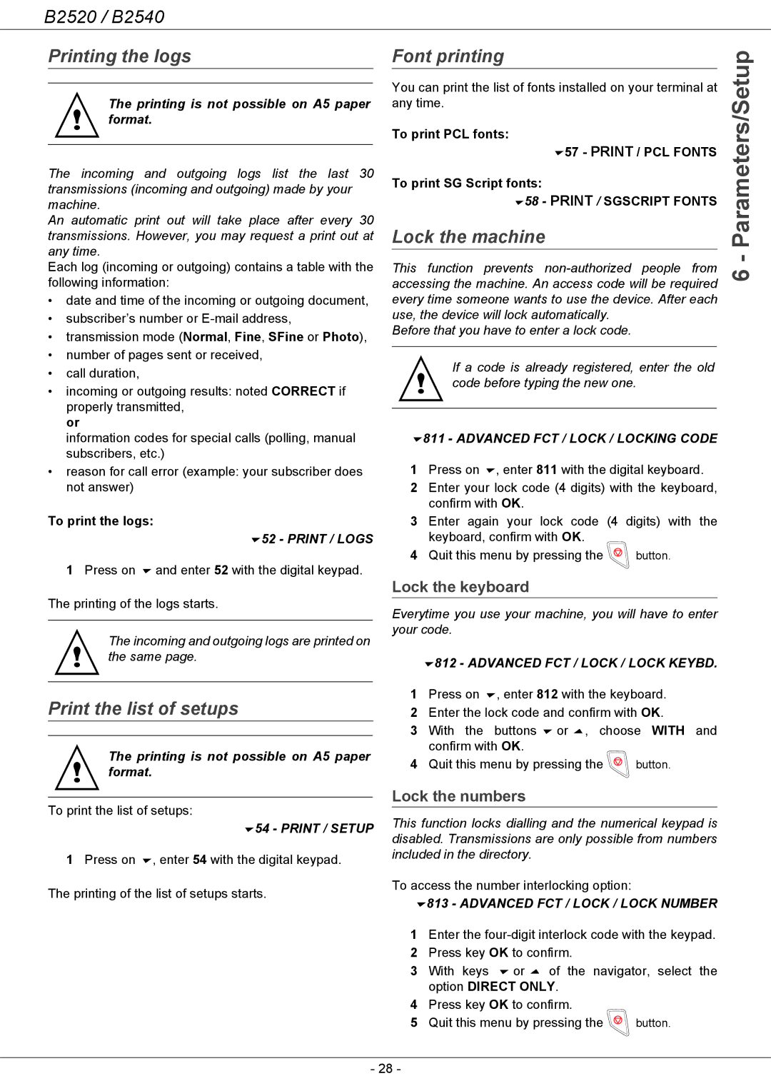 Oki B2500 Series manual Printing the logs, Print the list of setups, Font printing, Lock the machine 