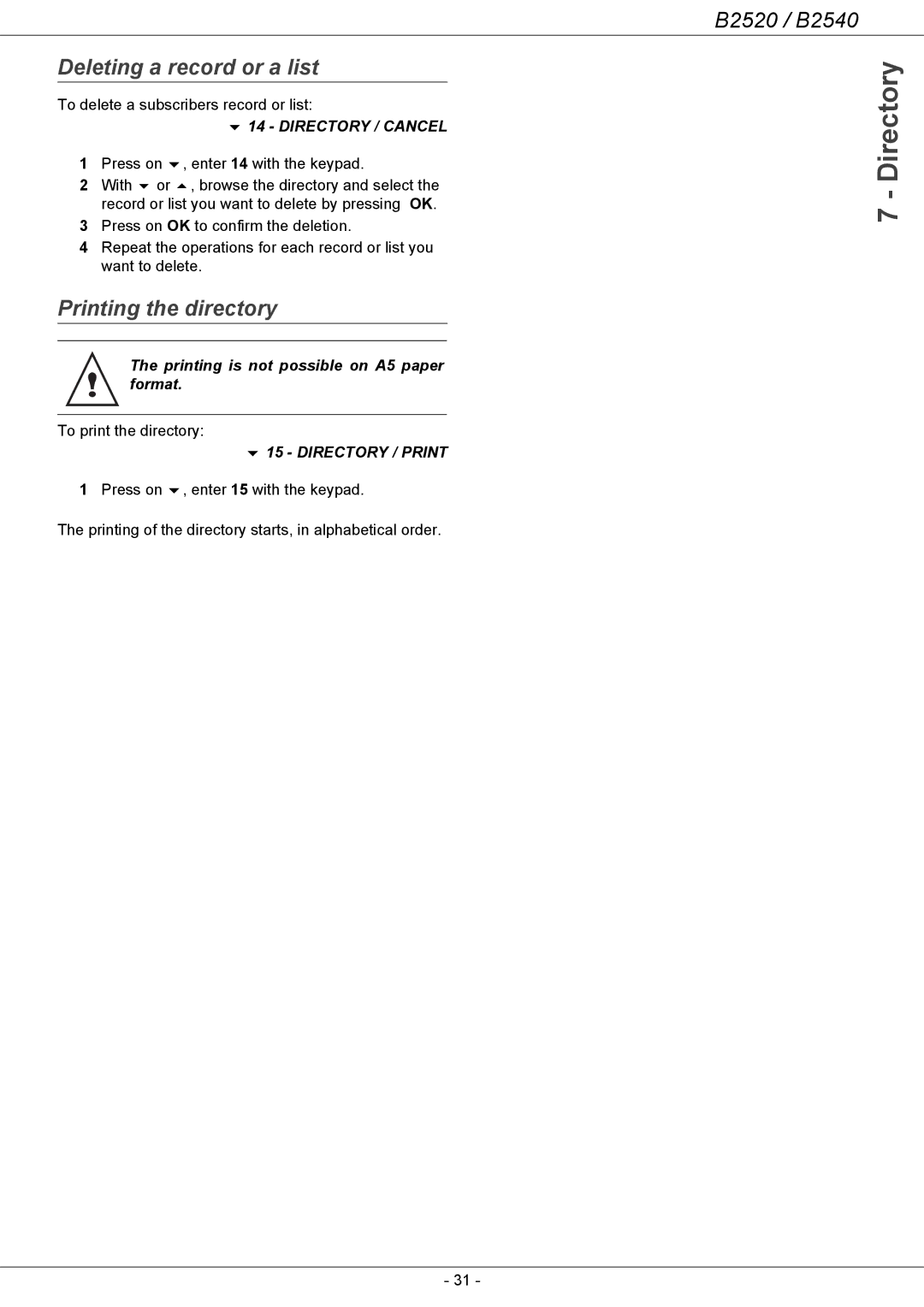 Oki B2500 Series manual Deleting a record or a list, Printing the directory, Directory / Cancel, Directory / Print 