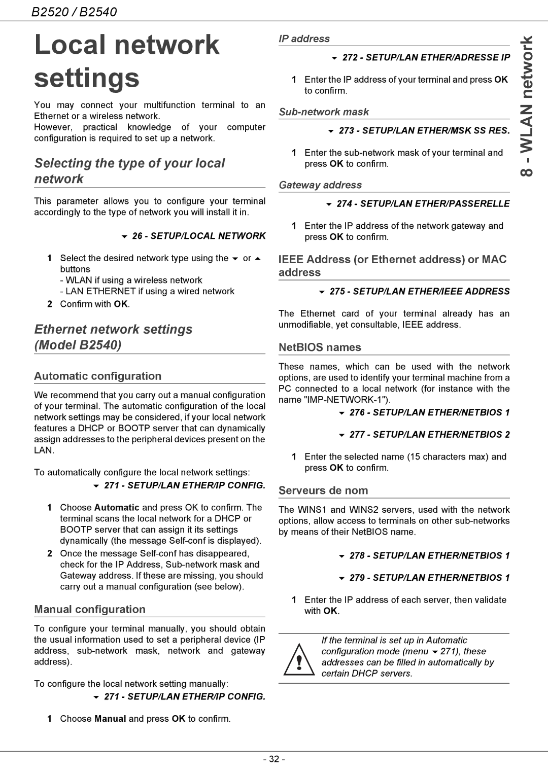 Oki B2500 Series Local network settings, Selecting the type of your local network, Ethernet network settings Model B2540 