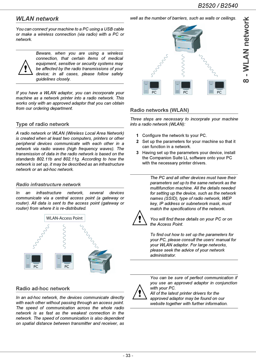 Oki B2500 Series manual Wlan network, Type of radio network, Radio ad-hoc network, Radio networks Wlan 