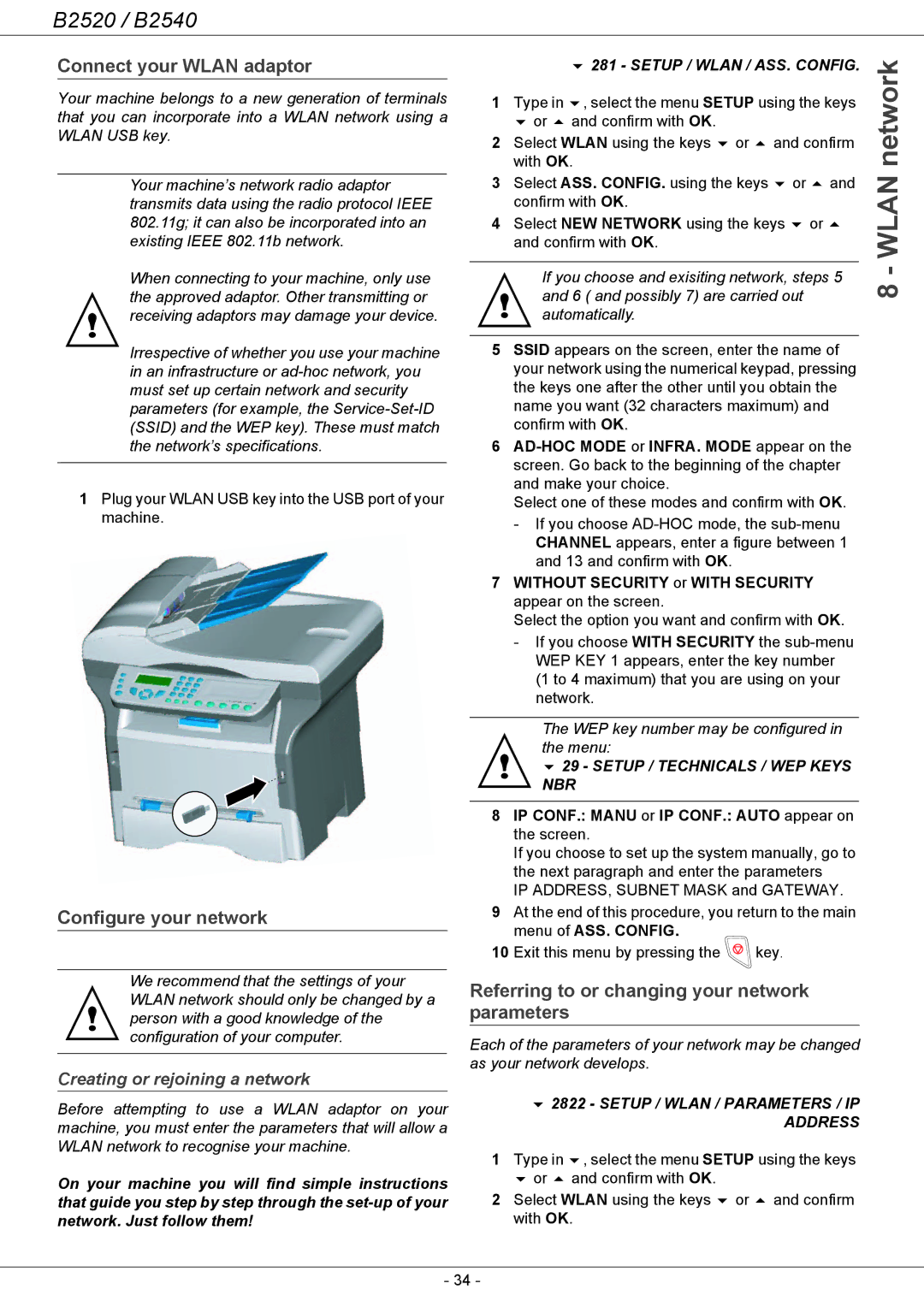 Oki B2500 Series manual Connect your Wlan adaptor, Configure your network, Creating or rejoining a network 