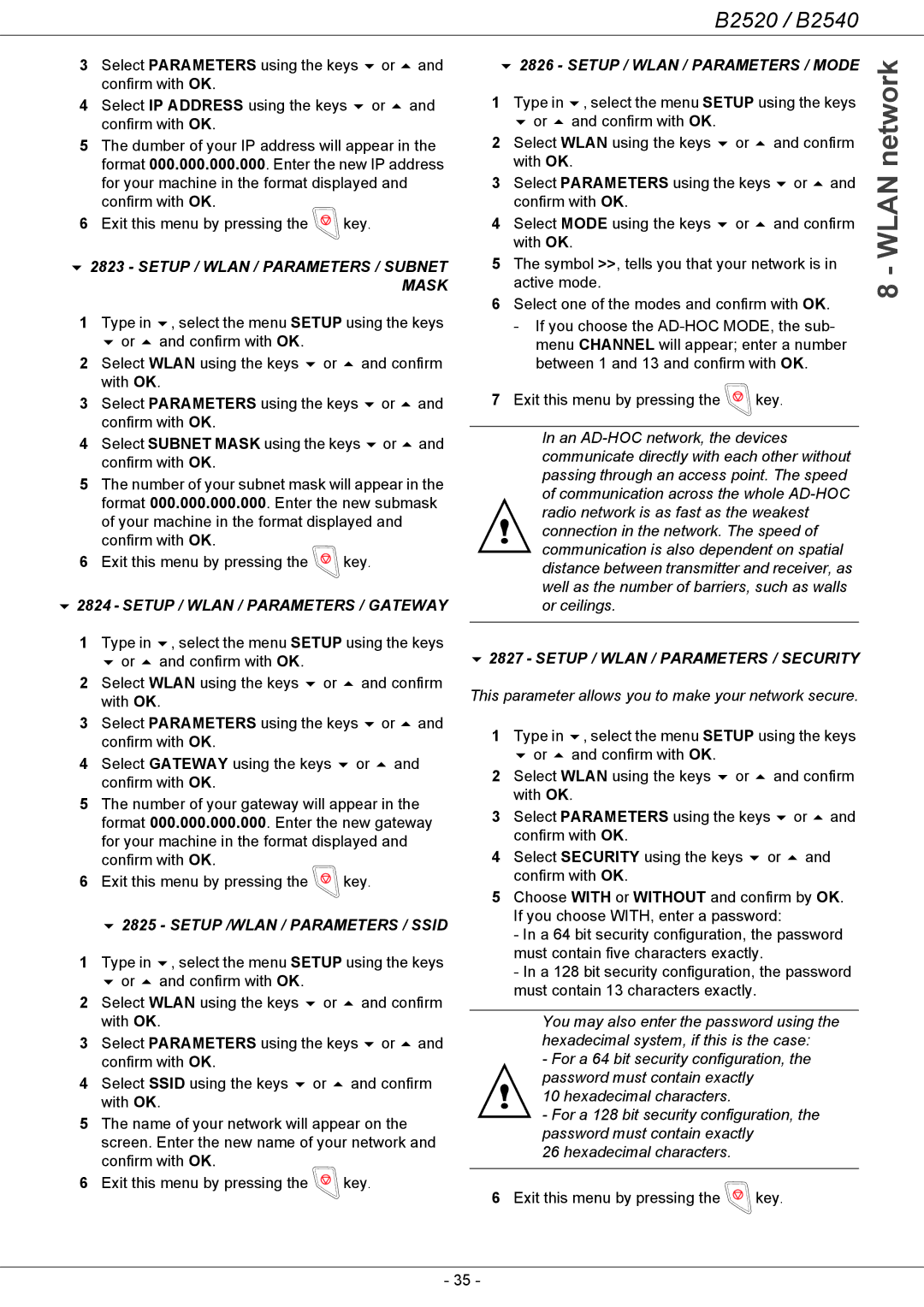 Oki B2500 Series manual Setup / Wlan / Parameters / Subnet Mask, Setup / Wlan / Parameters / Gateway 