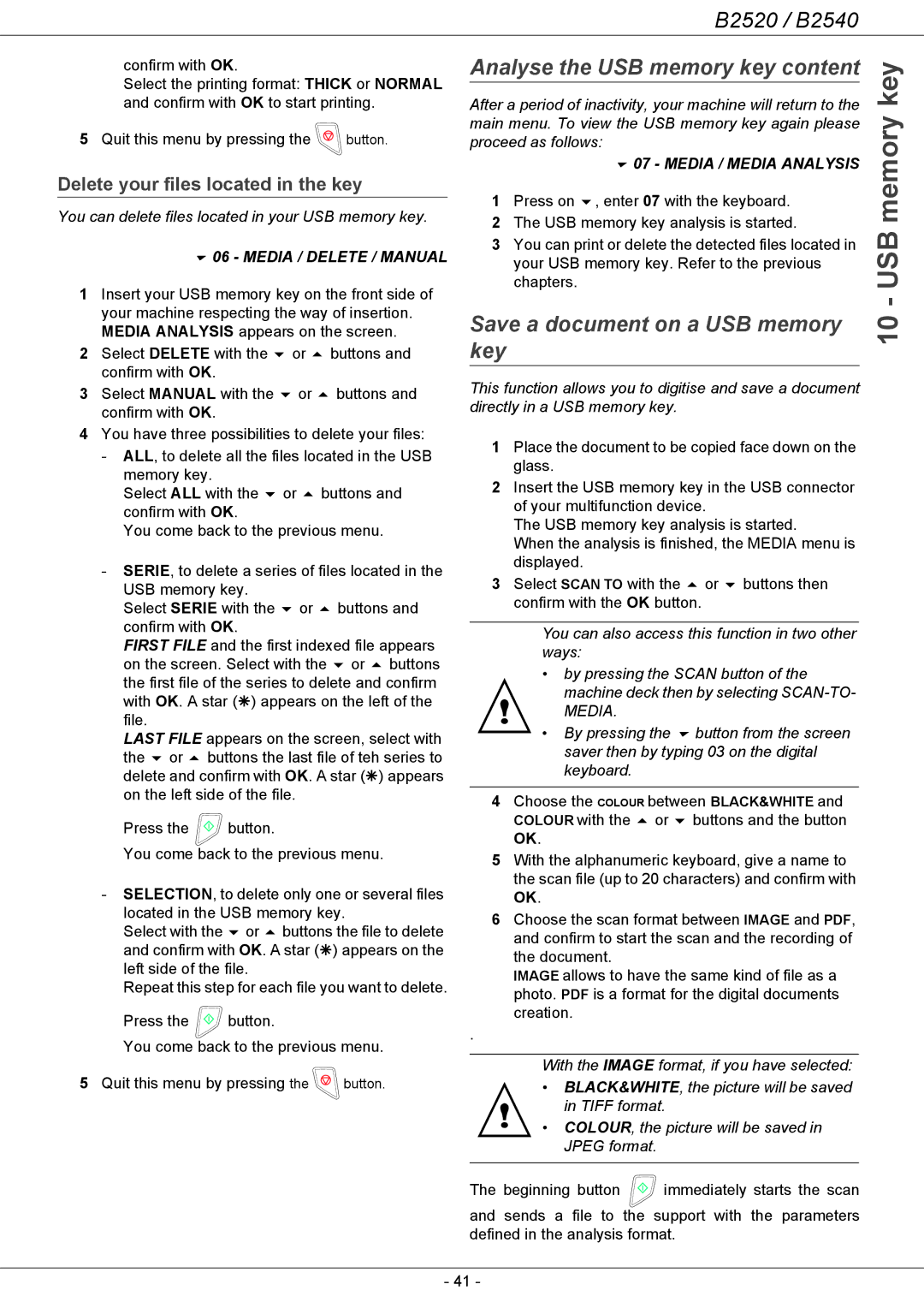 Oki B2500 Series manual Save a document on a USB memory Key, Delete your files located in the key, Media / Delete / Manual 