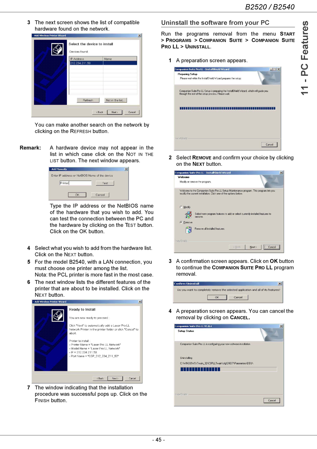 Oki B2500 Series manual PC Features, Uninstall the software from your PC, Next screen shows the list of compatible 