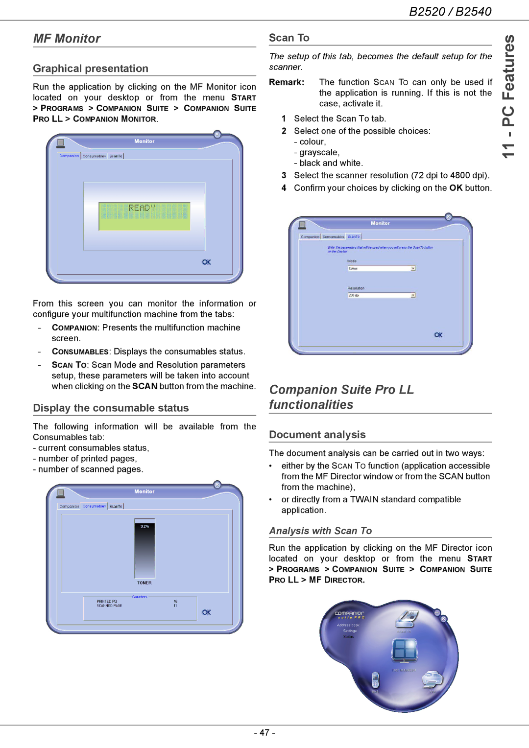 Oki B2500 Series MF Monitor, Companion Suite Pro LL functionalities, Display the consumable status, Document analysis 