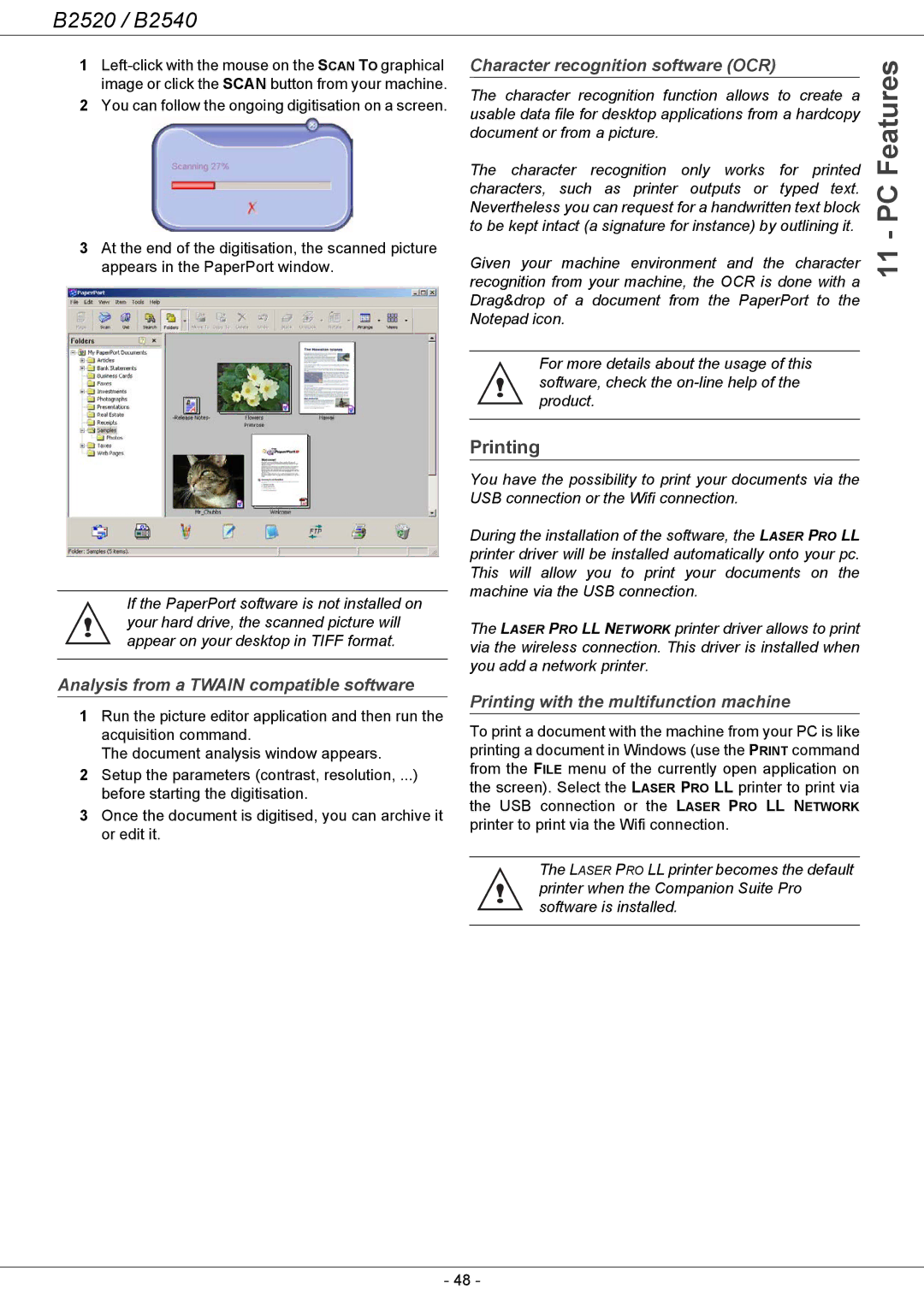 Oki B2500 Series manual Printing, Analysis from a Twain compatible software, Character recognition software OCR 