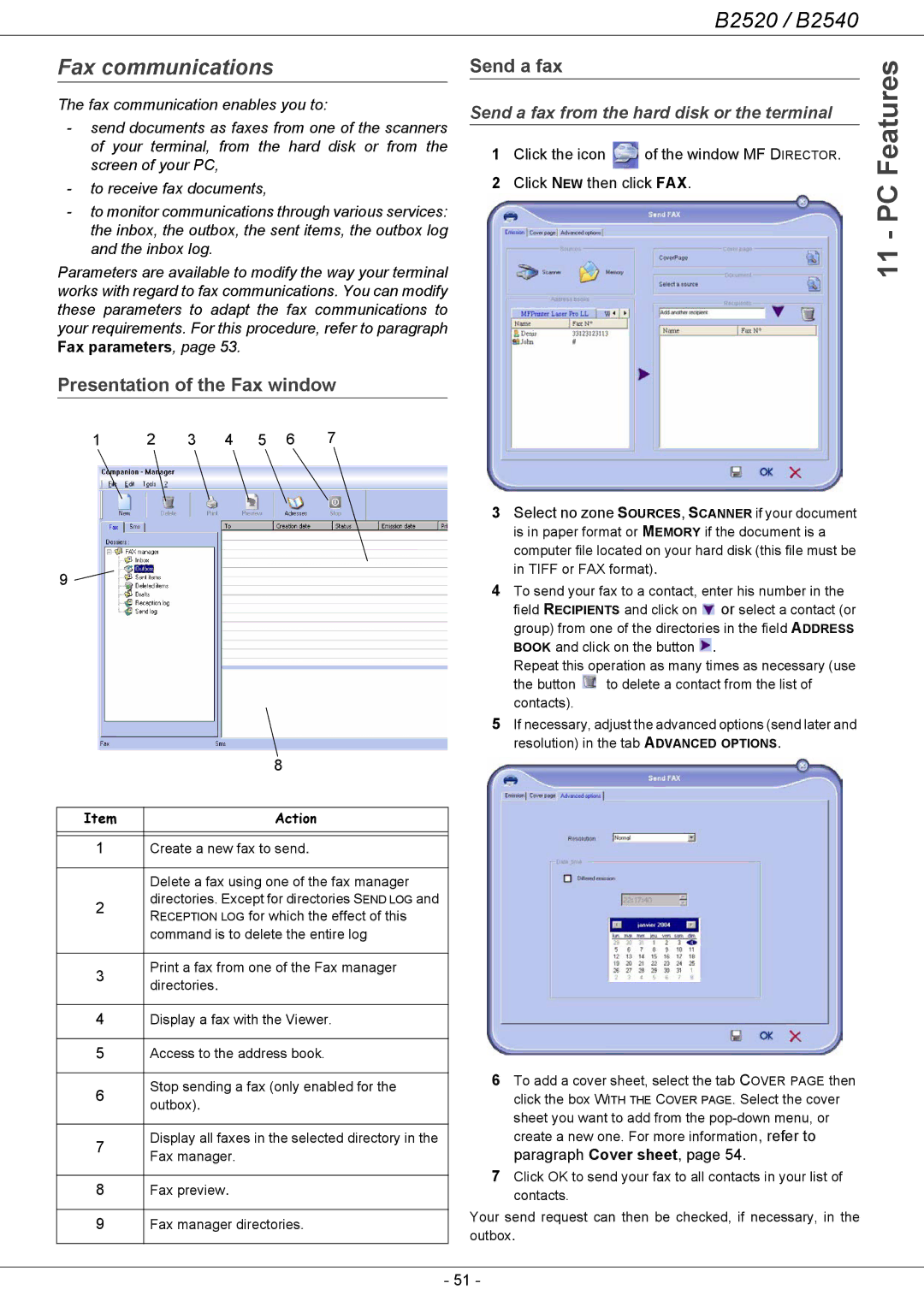 Oki B2500 Series manual Fax communications, Presentation of the Fax window Send a fax 