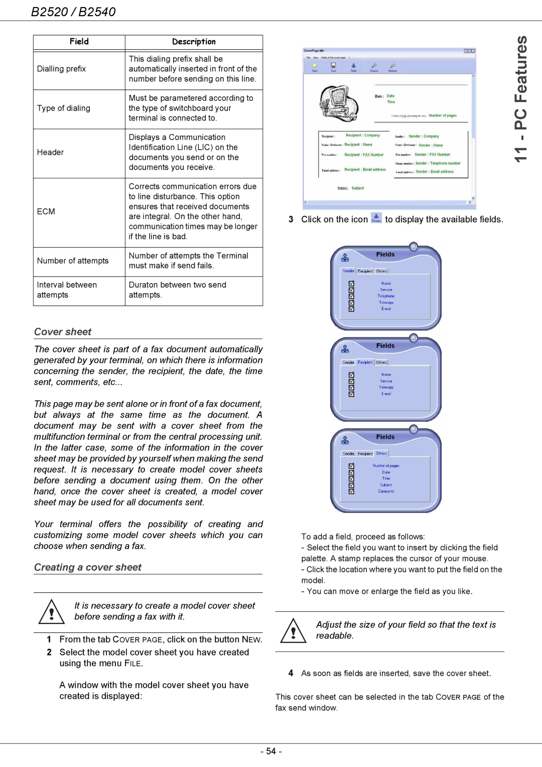 Oki B2500 Series manual Features, Cover sheet, Creating a cover sheet, Click on the icon To display the available fields 