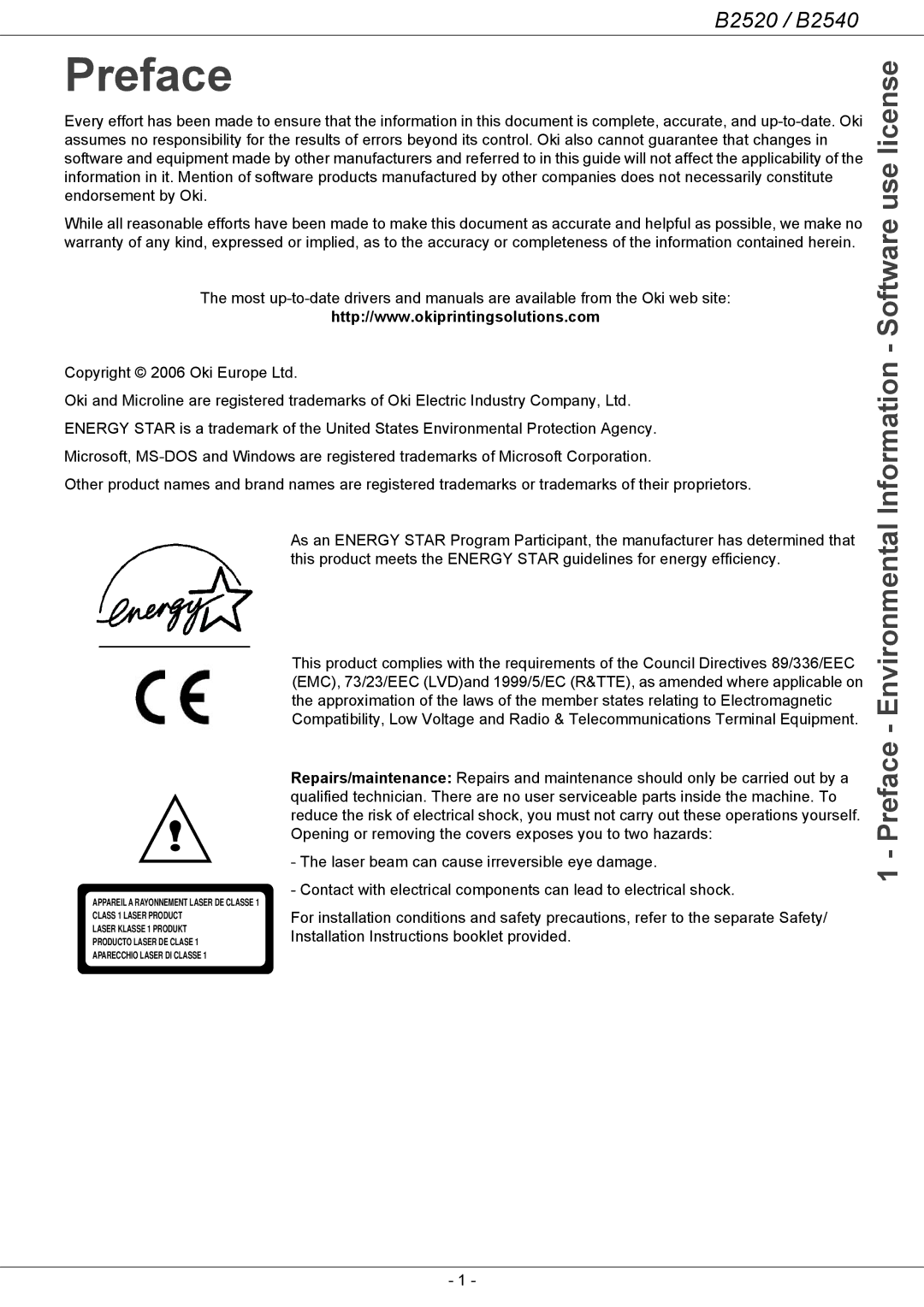 Oki B2500 Series manual Information Software use license, Preface Environmental 