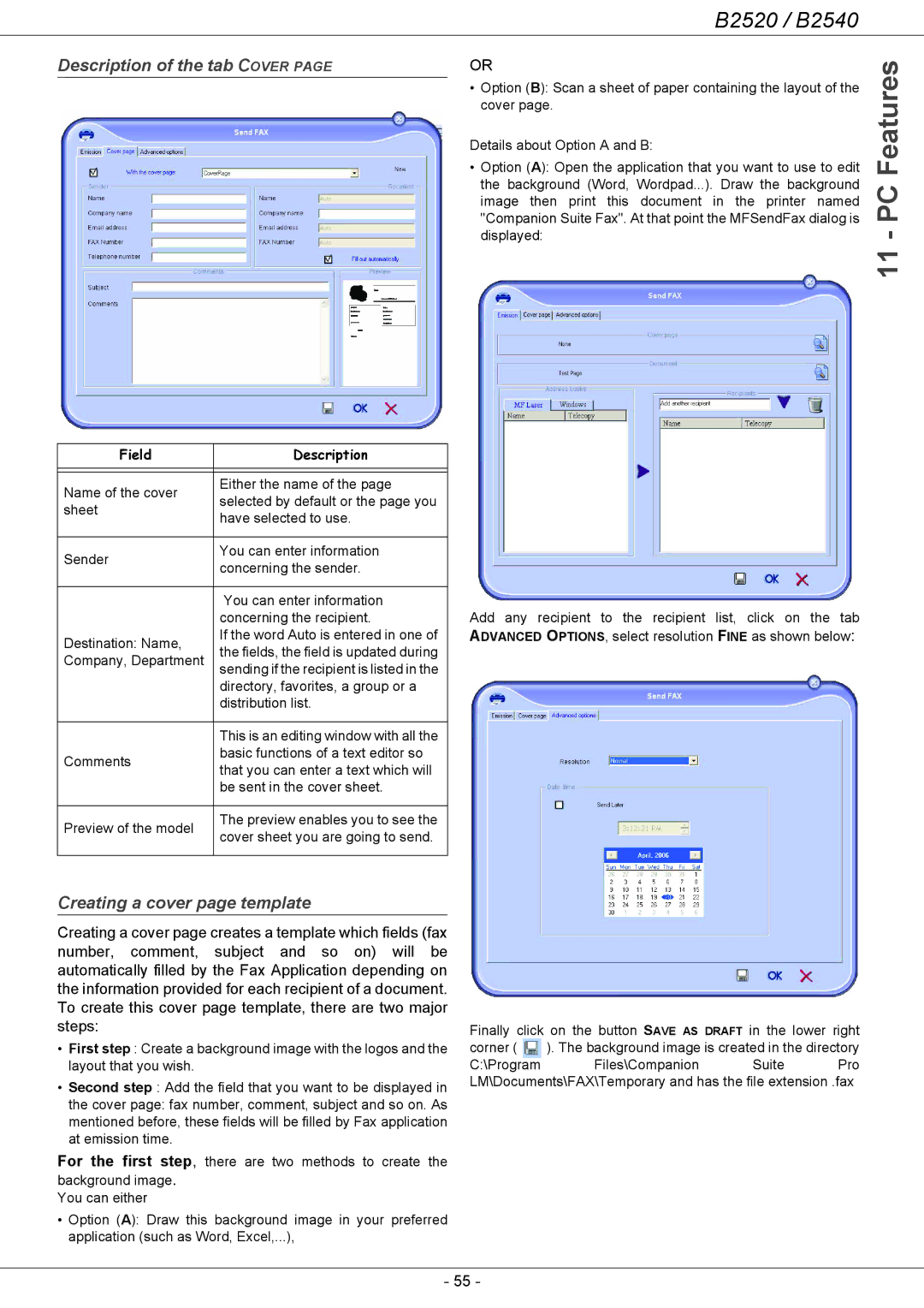 Oki B2500 Series manual Description of the tab Cover, Creating a cover page template 