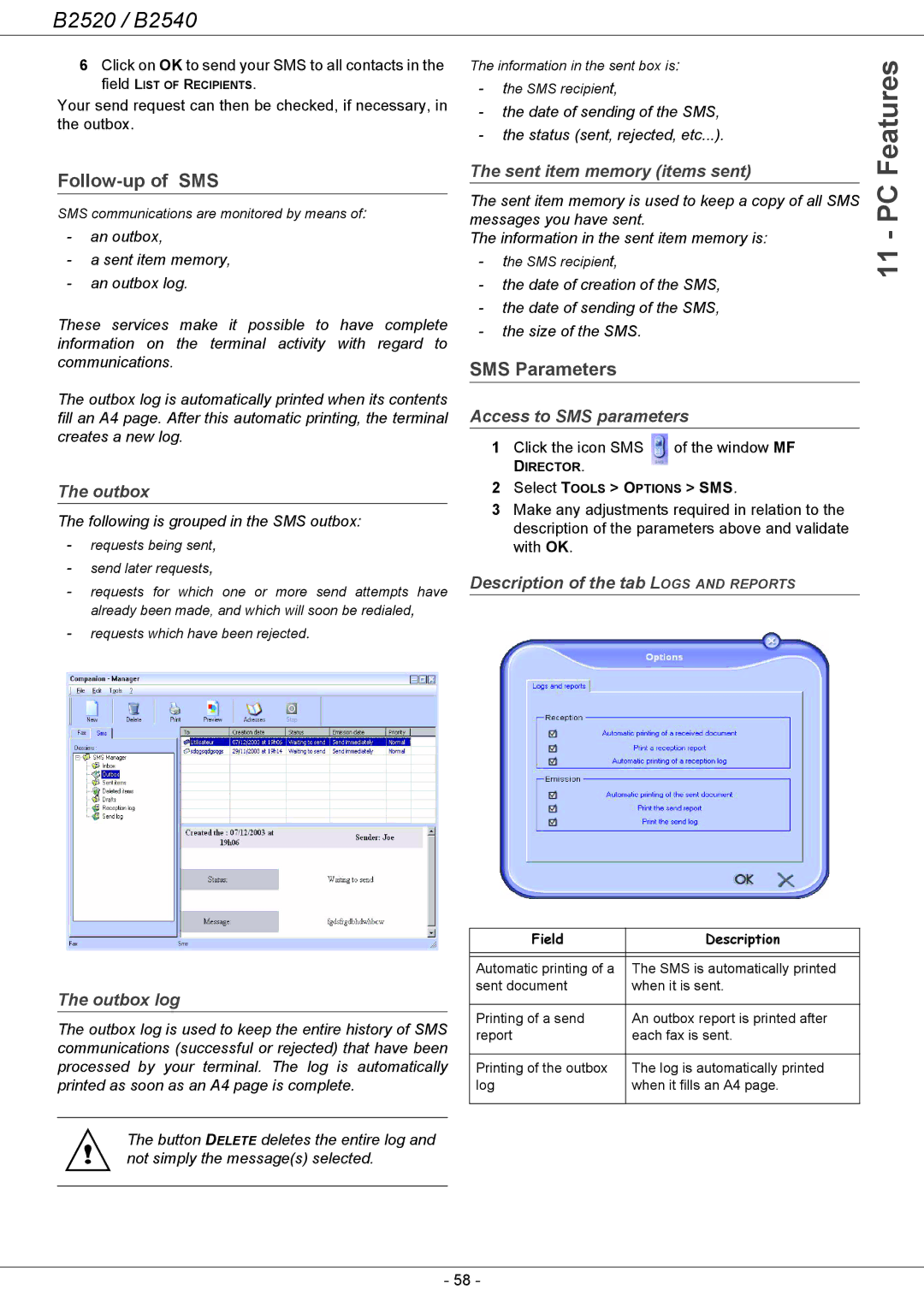 Oki B2500 Series manual Follow-up of SMS, Sent item memory items sent, Access to SMS parameters 