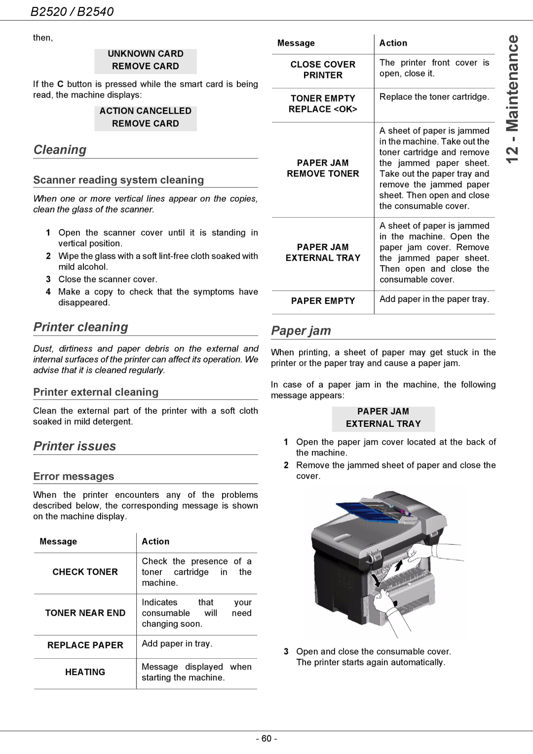 Oki B2500 Series manual Maintenance, Cleaning, Printer cleaning, Printer issues, Paper jam 