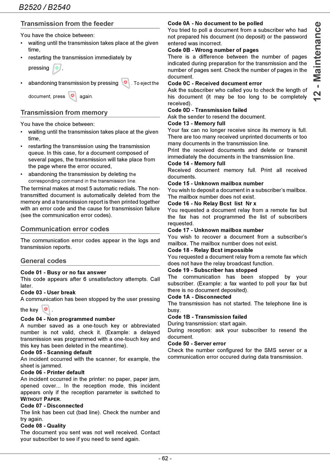 Oki B2500 Series manual Transmission from the feeder, Transmission from memory, Communication error codes, General codes 